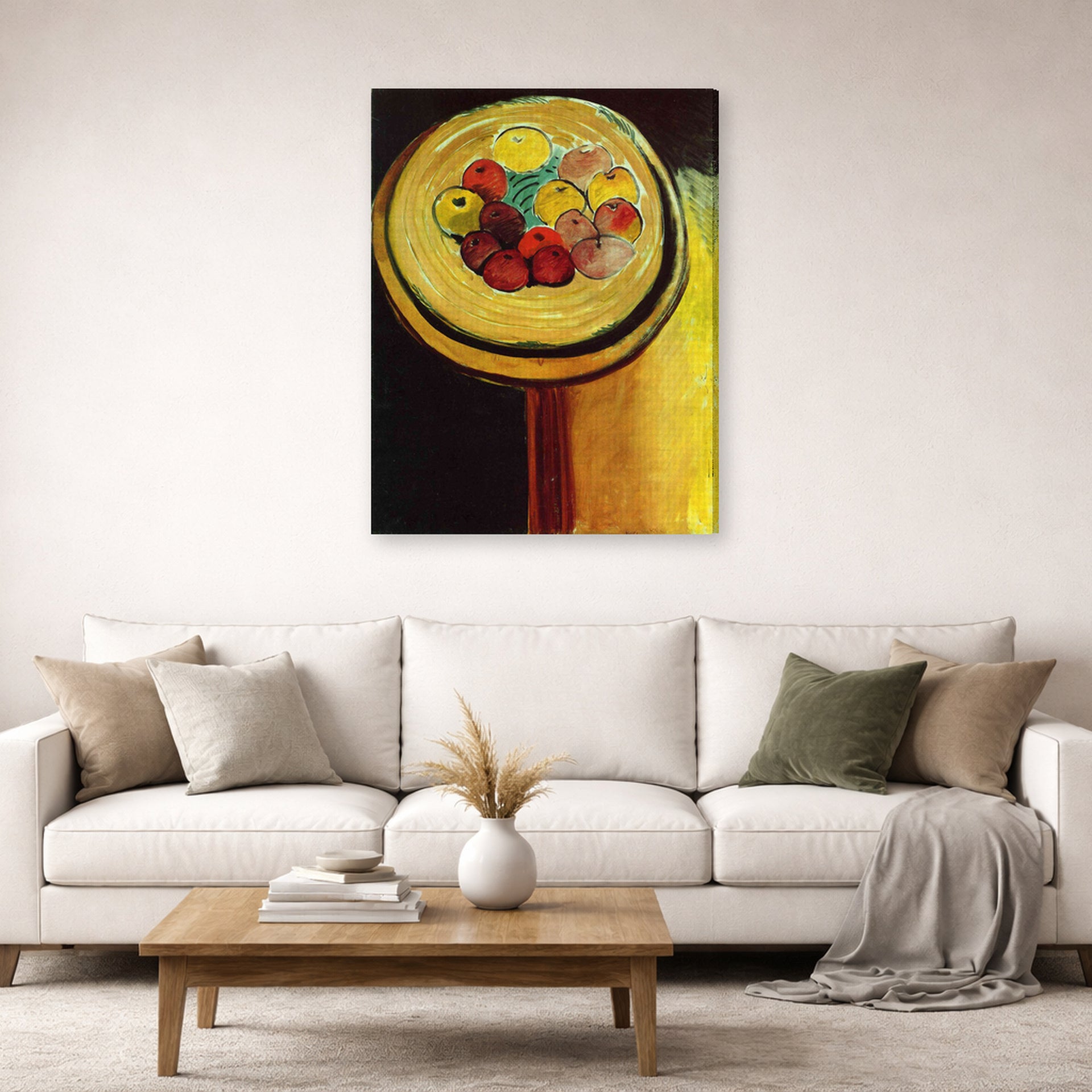 Gallery-wrapped canvas print of Henri Matisse's Apples hanging in a living room, view 2