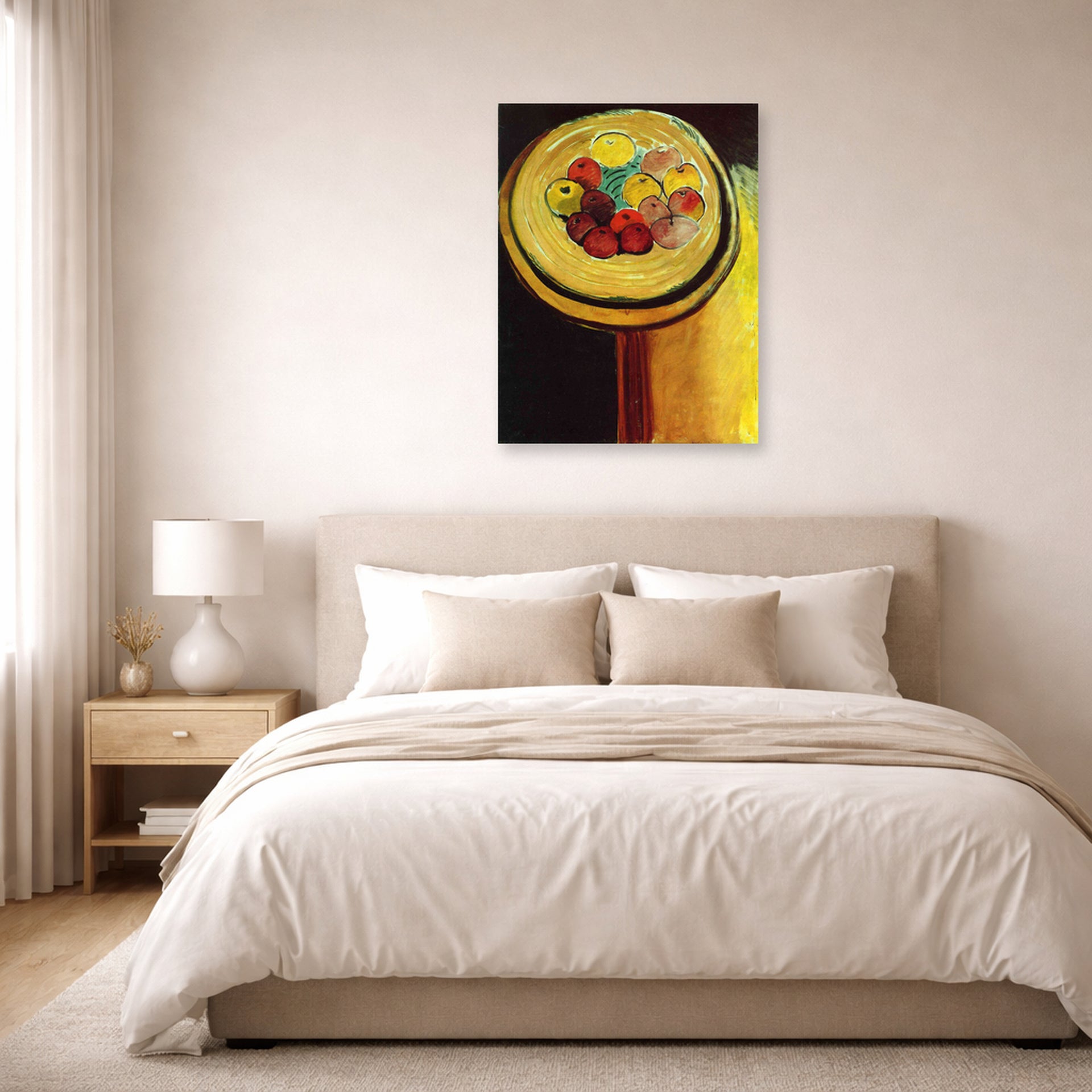 Unframed poster print of Henri Matisse's Apples displayed above a bed in a bedroom