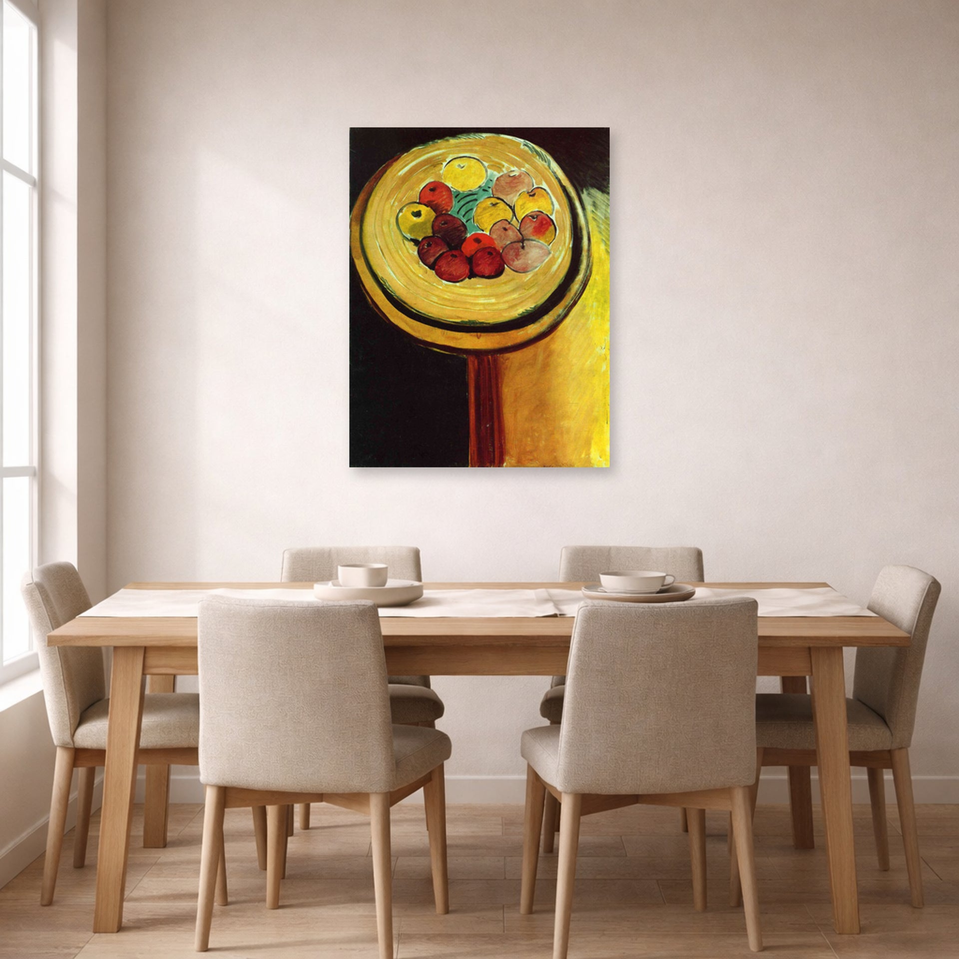 Unframed poster print of Henri Matisse's Apples displayed on a dining room wall