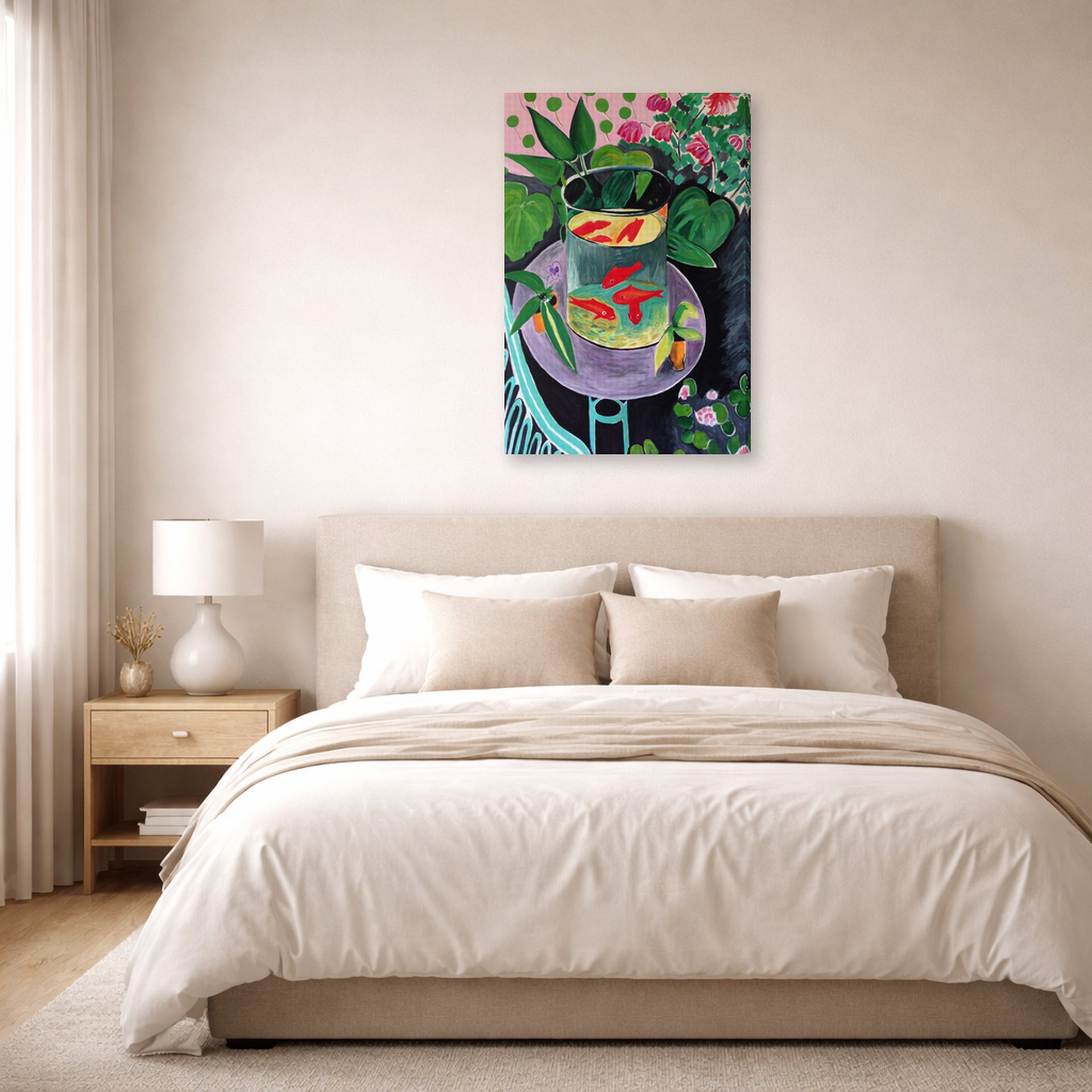 Gallery-wrapped canvas print of Henri Matisse's Artist and Goldfish hanging above a bed in a bedroom