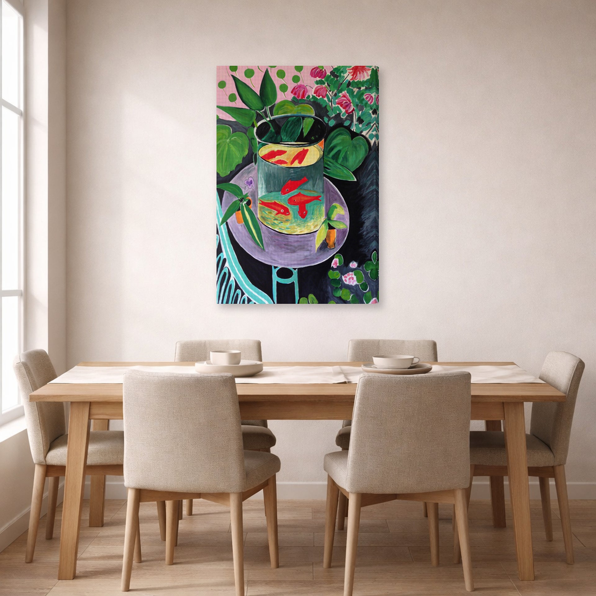 Gallery-wrapped canvas print of Henri Matisse's Artist and Goldfish hanging on a dining room wall