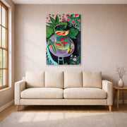 Gallery-wrapped canvas print of Henri Matisse's Artist and Goldfish hanging in a living room, view 1
