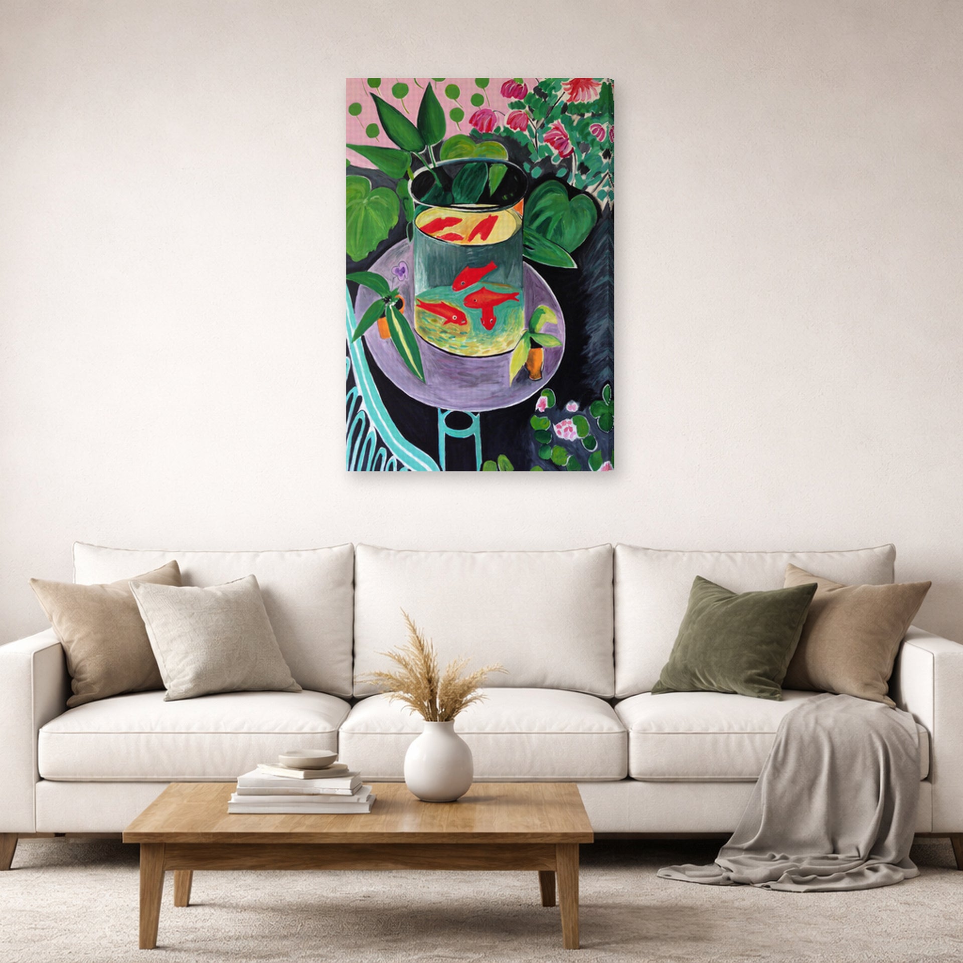 Gallery-wrapped canvas print of Henri Matisse's Artist and Goldfish hanging in a living room, view 2
