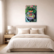 Unframed poster print of Henri Matisse's Artist and Goldfish displayed above a bed in a bedroom