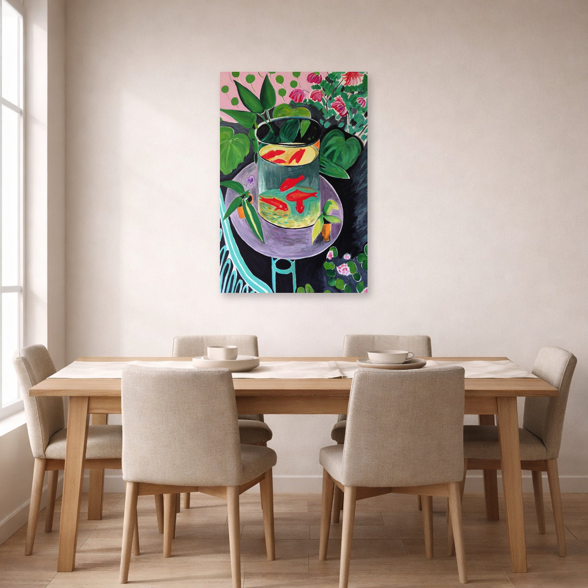 Unframed poster print of Henri Matisse's Artist and Goldfish displayed on a dining room wall