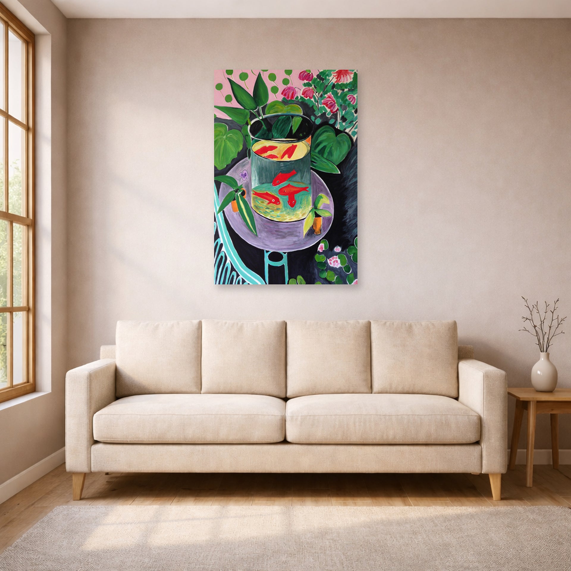Unframed poster print of Henri Matisse's Artist and Goldfish displayed in a living room, view 1