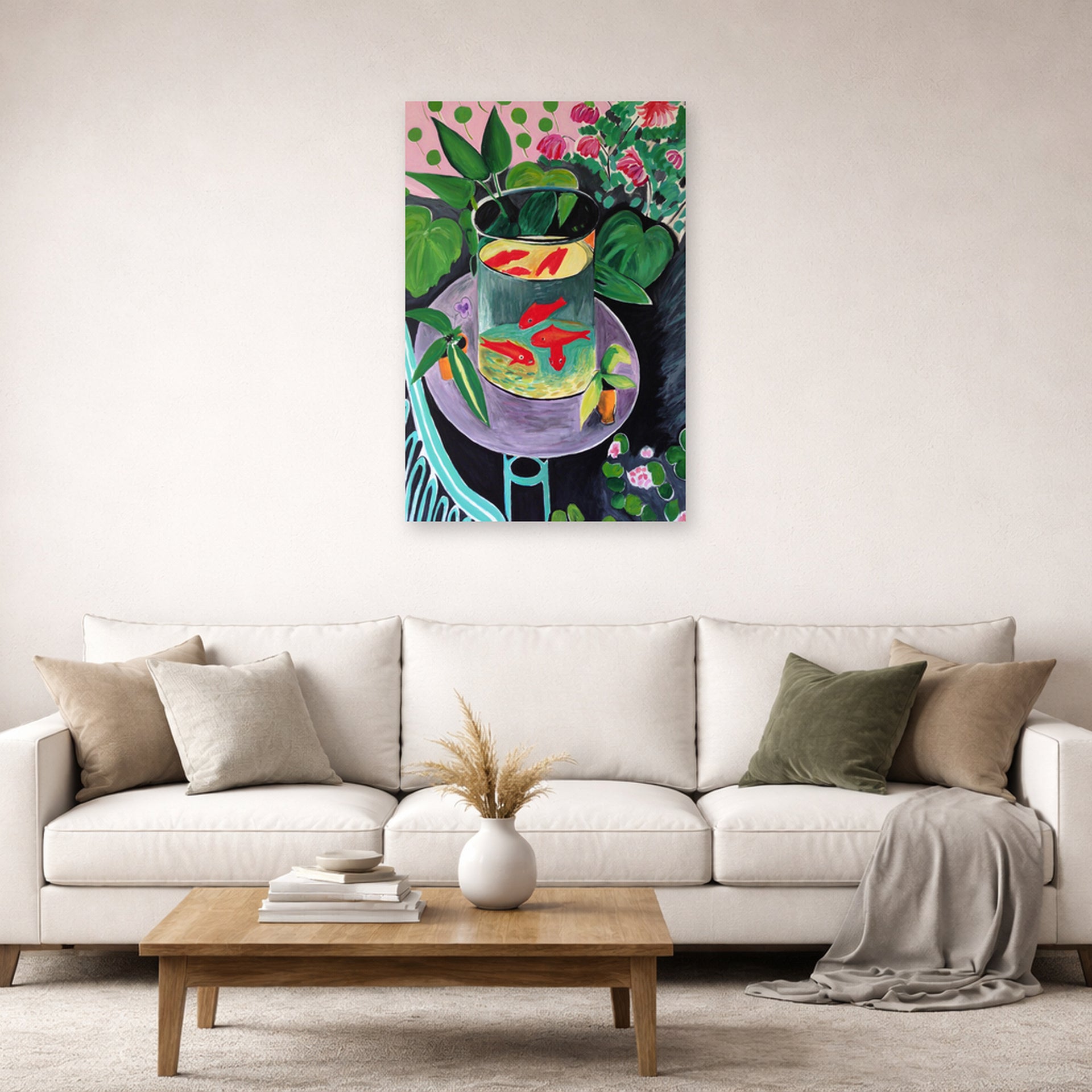 Unframed poster print of Henri Matisse's Artist and Goldfish displayed in a living room, view 2