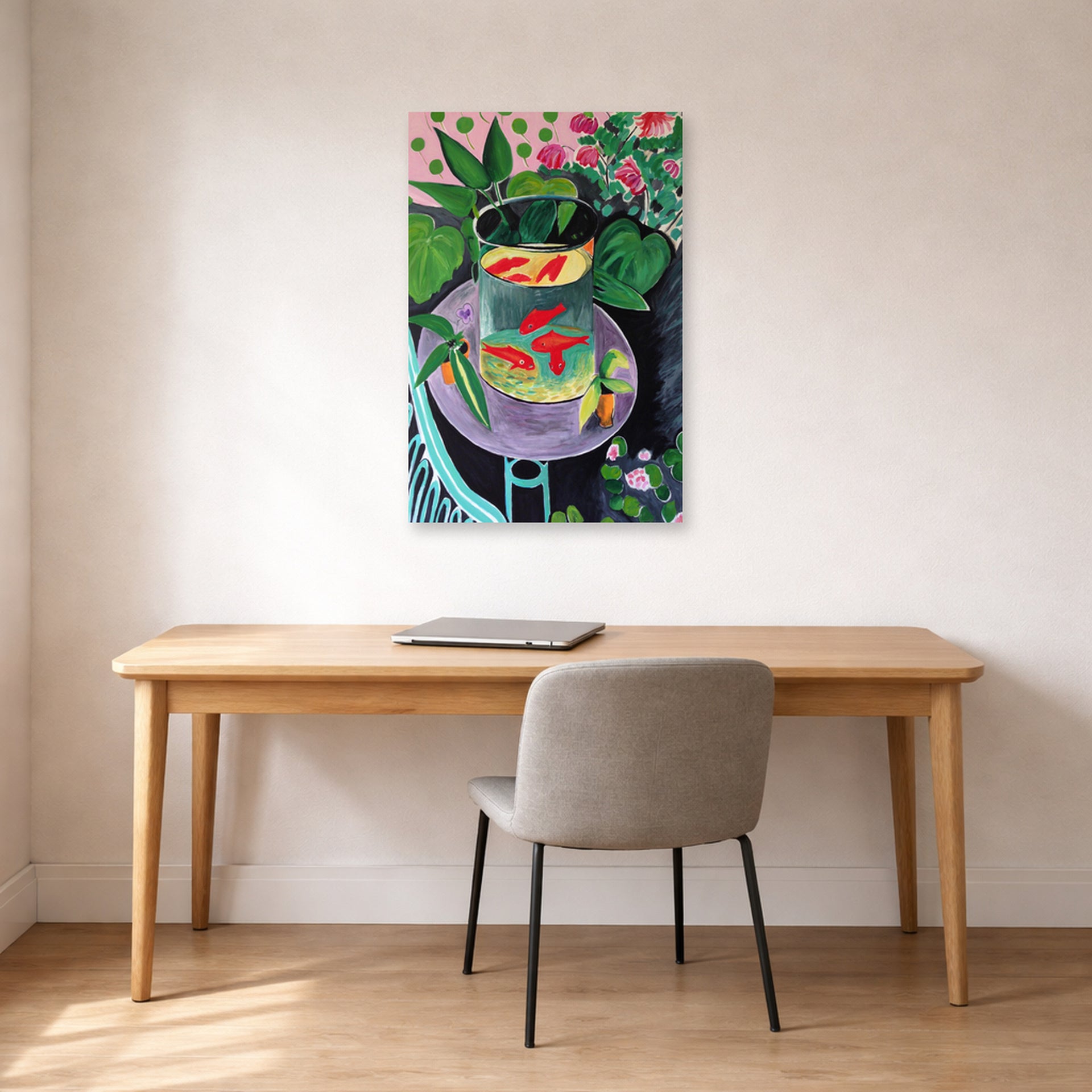 Unframed poster print of Henri Matisse's Artist and Goldfish displayed in a home office