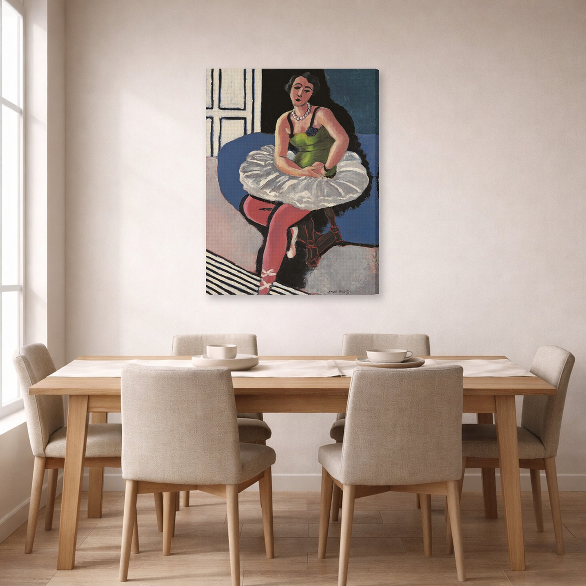 Gallery-wrapped canvas print of Henri Matisse's Ballet Dancer Seated on a Stool hanging on a dining room wall
