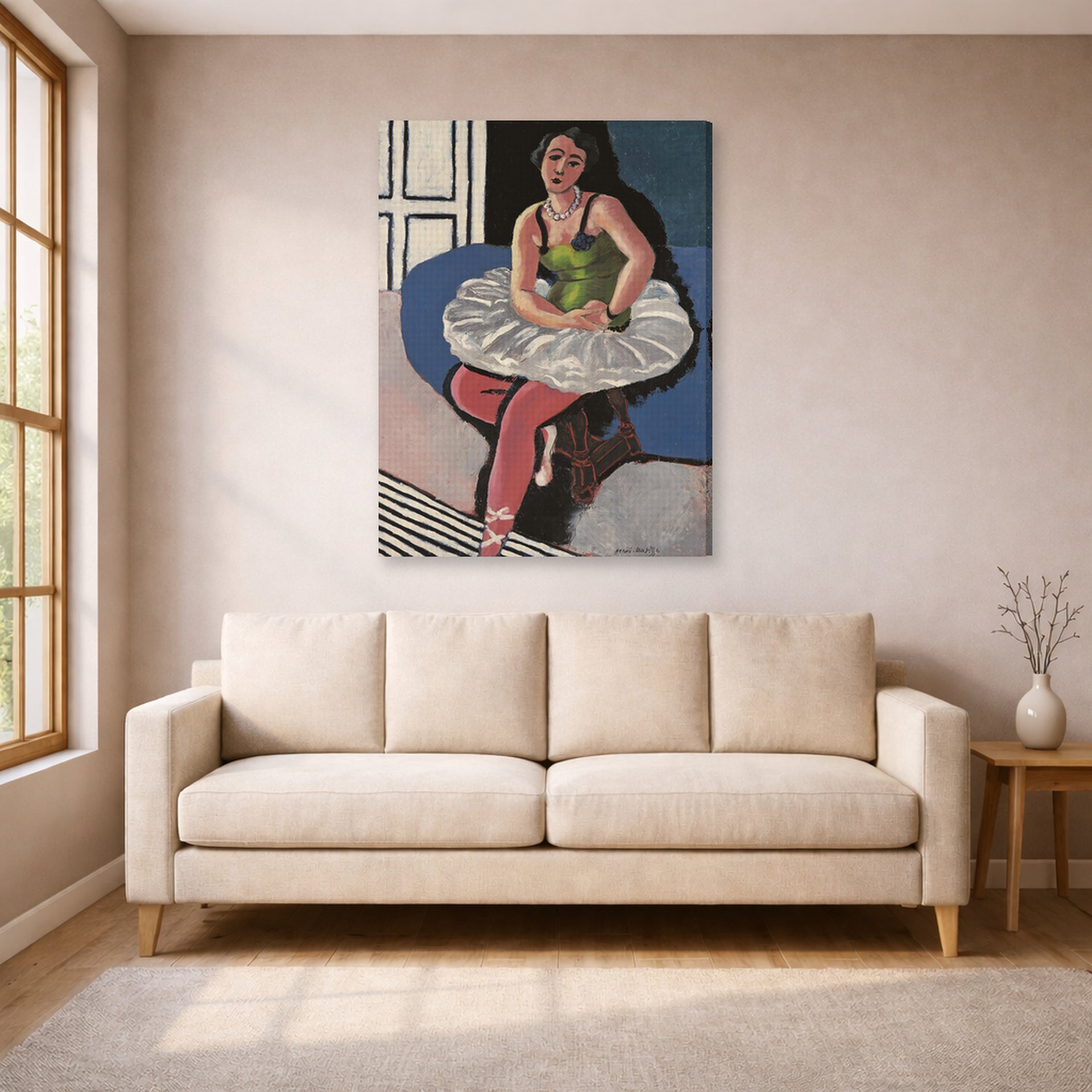 Gallery-wrapped canvas print of Henri Matisse's Ballet Dancer Seated on a Stool hanging in a living room, view 1