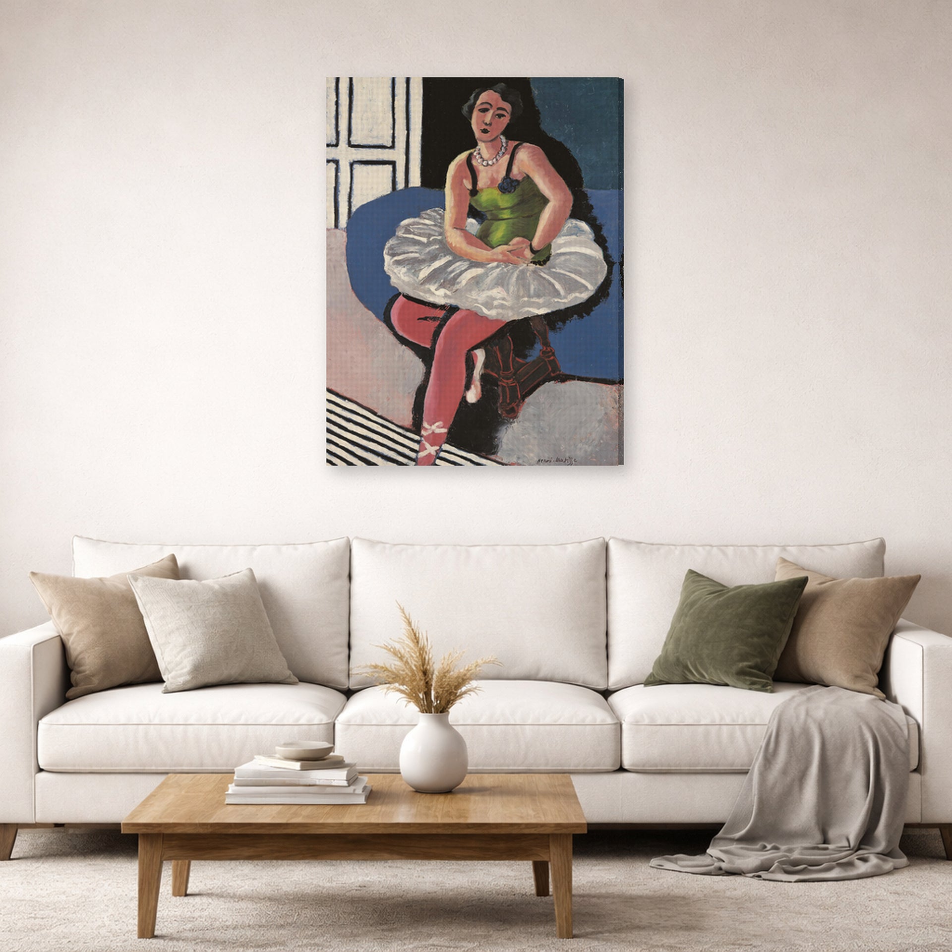 Gallery-wrapped canvas print of Henri Matisse's Ballet Dancer Seated on a Stool hanging in a living room, view 2