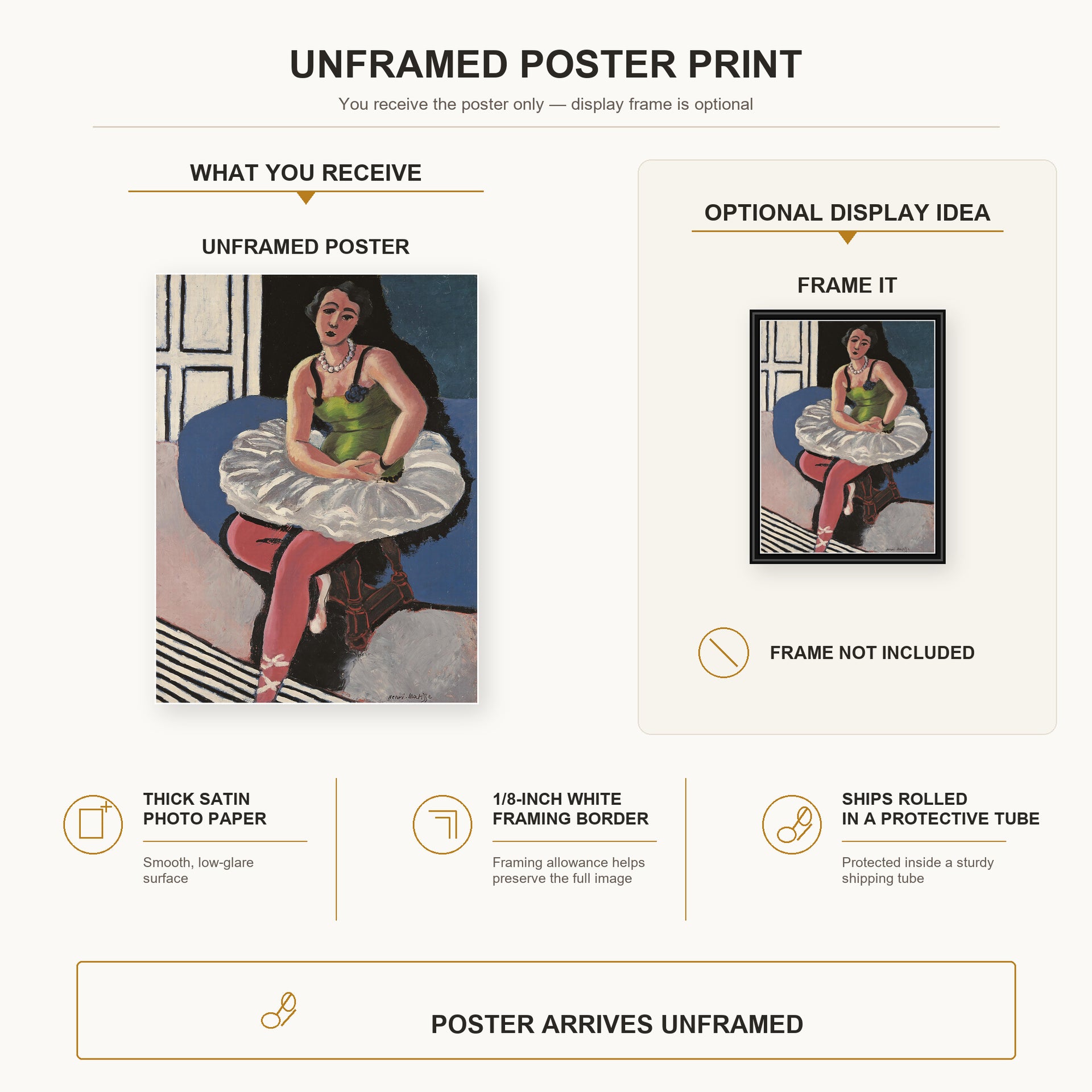 Henri Matisse - Ballet Dancer Seated on a Stool poster print size comparison display infographic