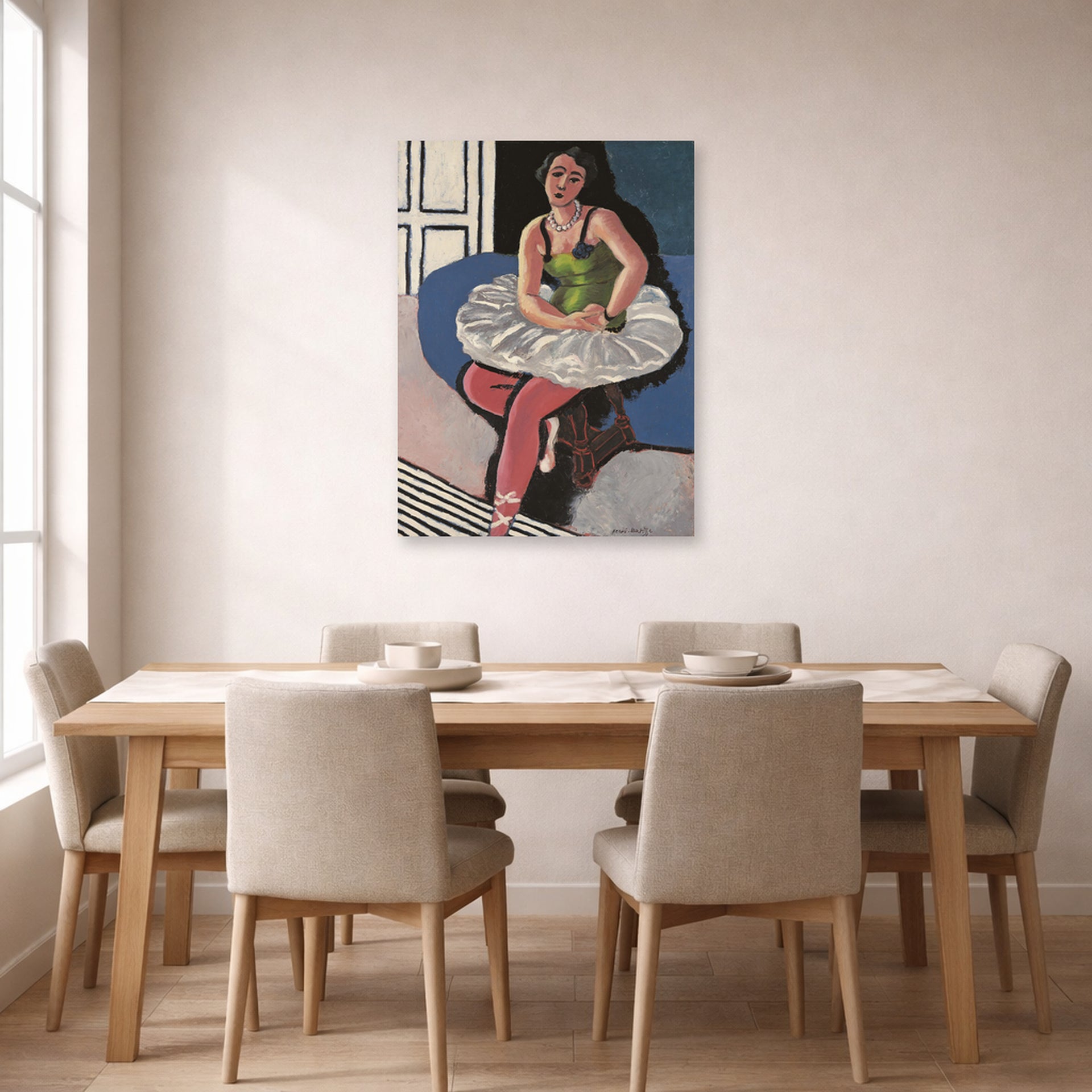 Unframed poster print of Henri Matisse's Ballet Dancer Seated on a Stool displayed on a dining room wall