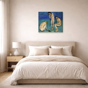Gallery-wrapped canvas print of Henri Matisse's Bathers with a Turtle hanging above a bed in a bedroom