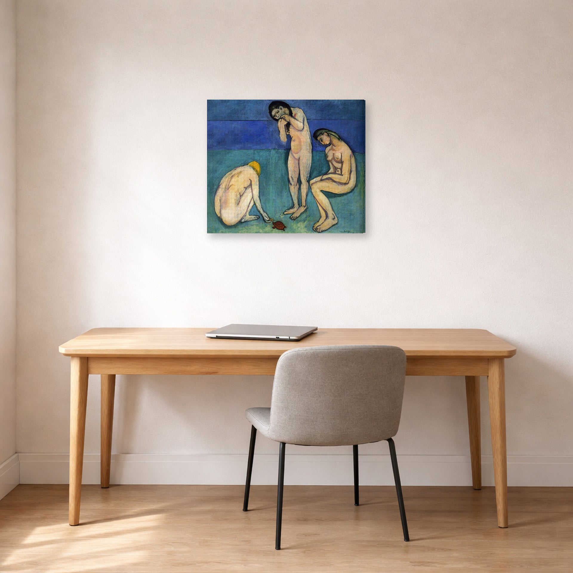 Gallery-wrapped canvas print of Henri Matisse's Bathers with a Turtle hanging in a home office