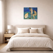 Unframed poster print of Henri Matisse's Bathers with a Turtle displayed above a bed in a bedroom