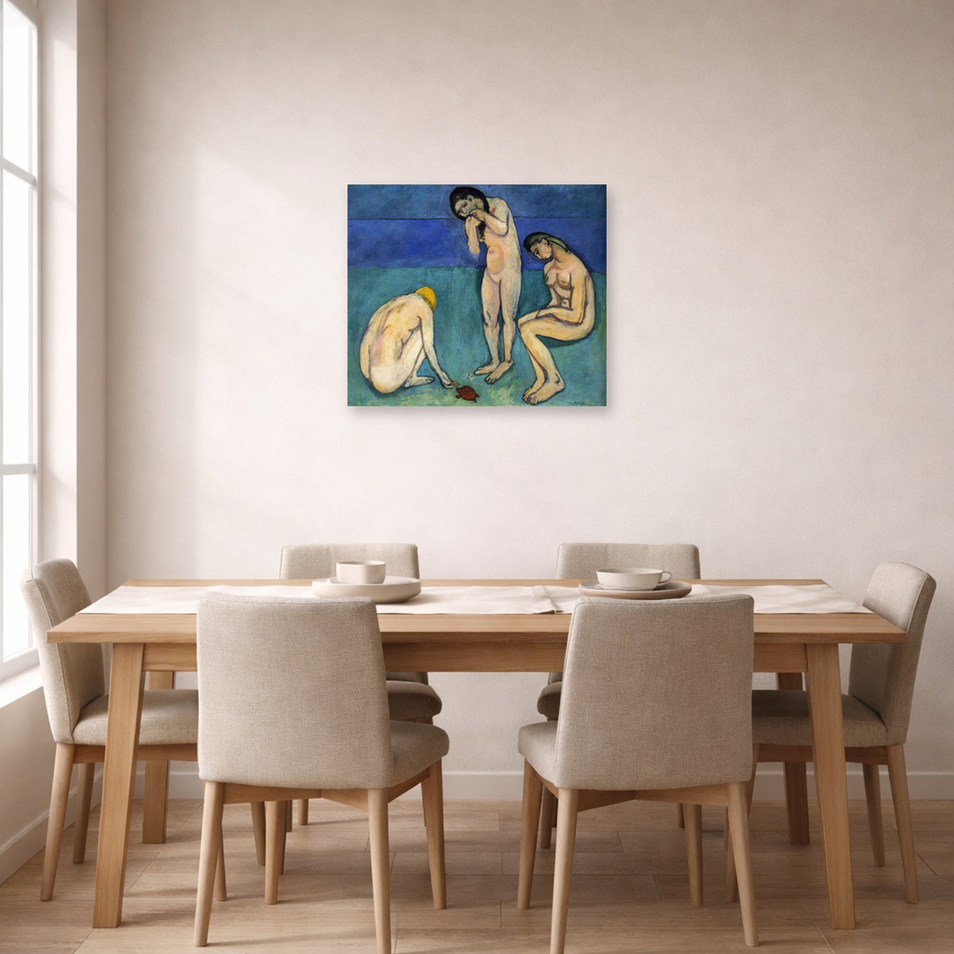 Unframed poster print of Henri Matisse's Bathers with a Turtle displayed on a dining room wall
