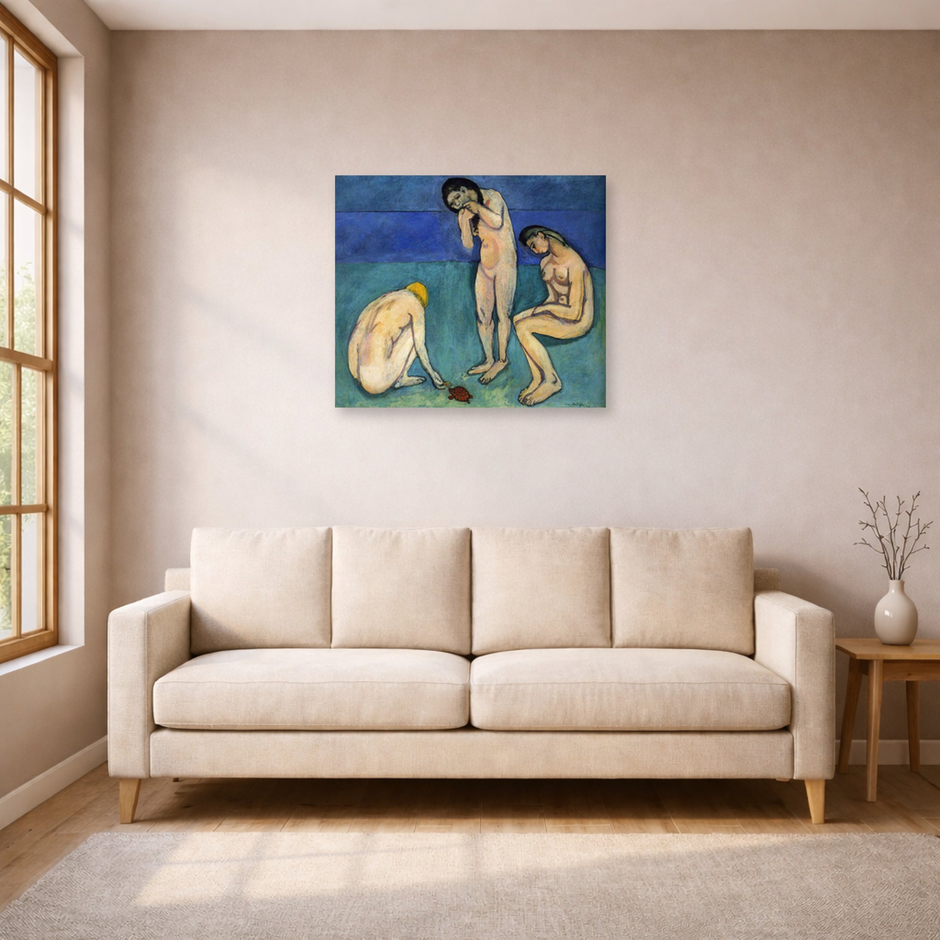 Unframed poster print of Henri Matisse's Bathers with a Turtle displayed in a living room, view 1