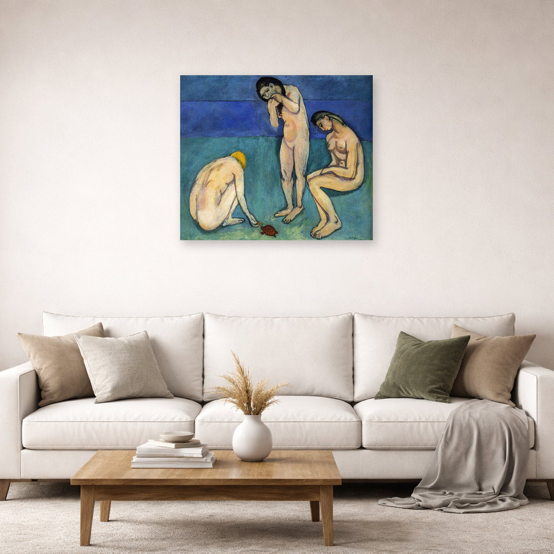 Unframed poster print of Henri Matisse's Bathers with a Turtle displayed in a living room, view 2