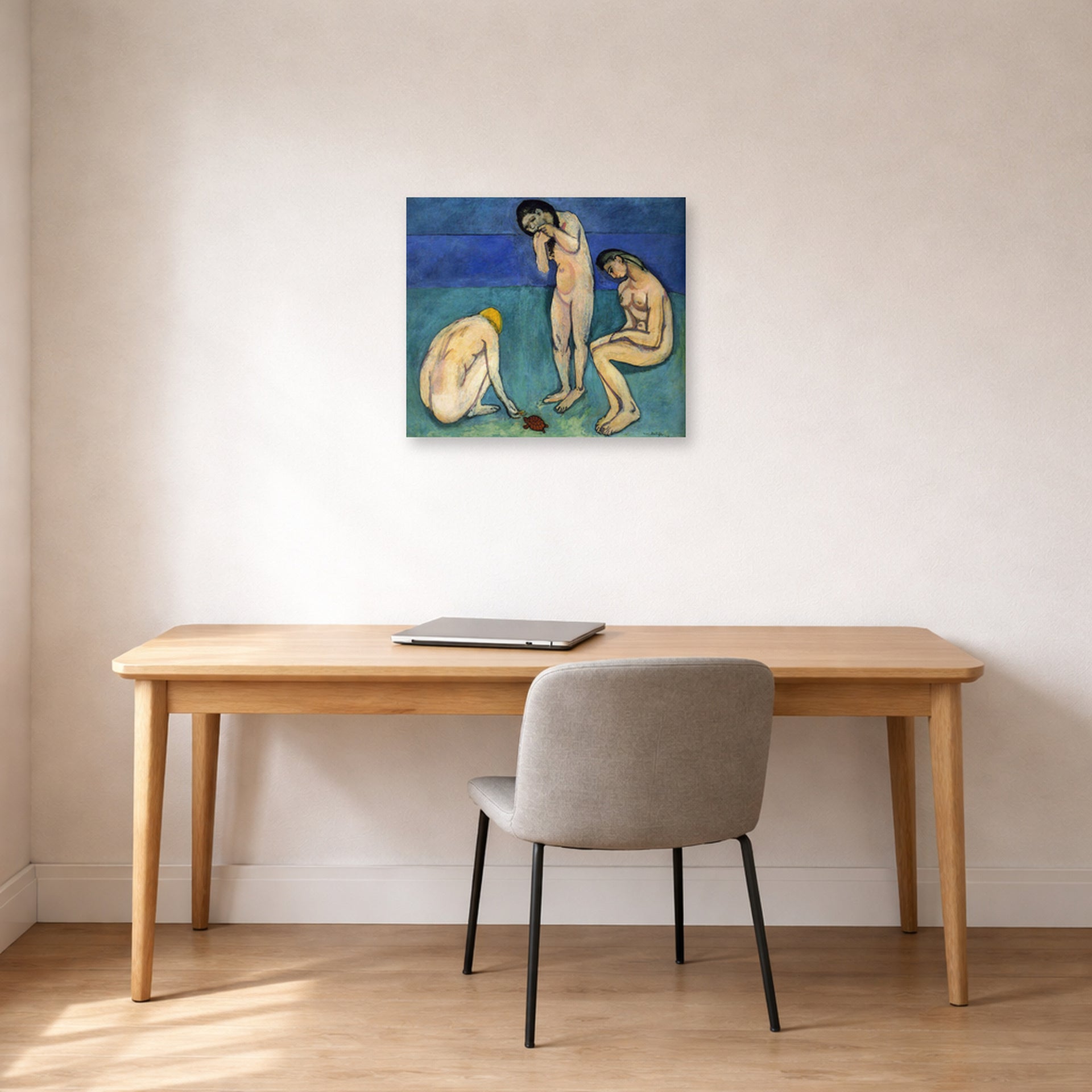 Unframed poster print of Henri Matisse's Bathers with a Turtle displayed in a home office
