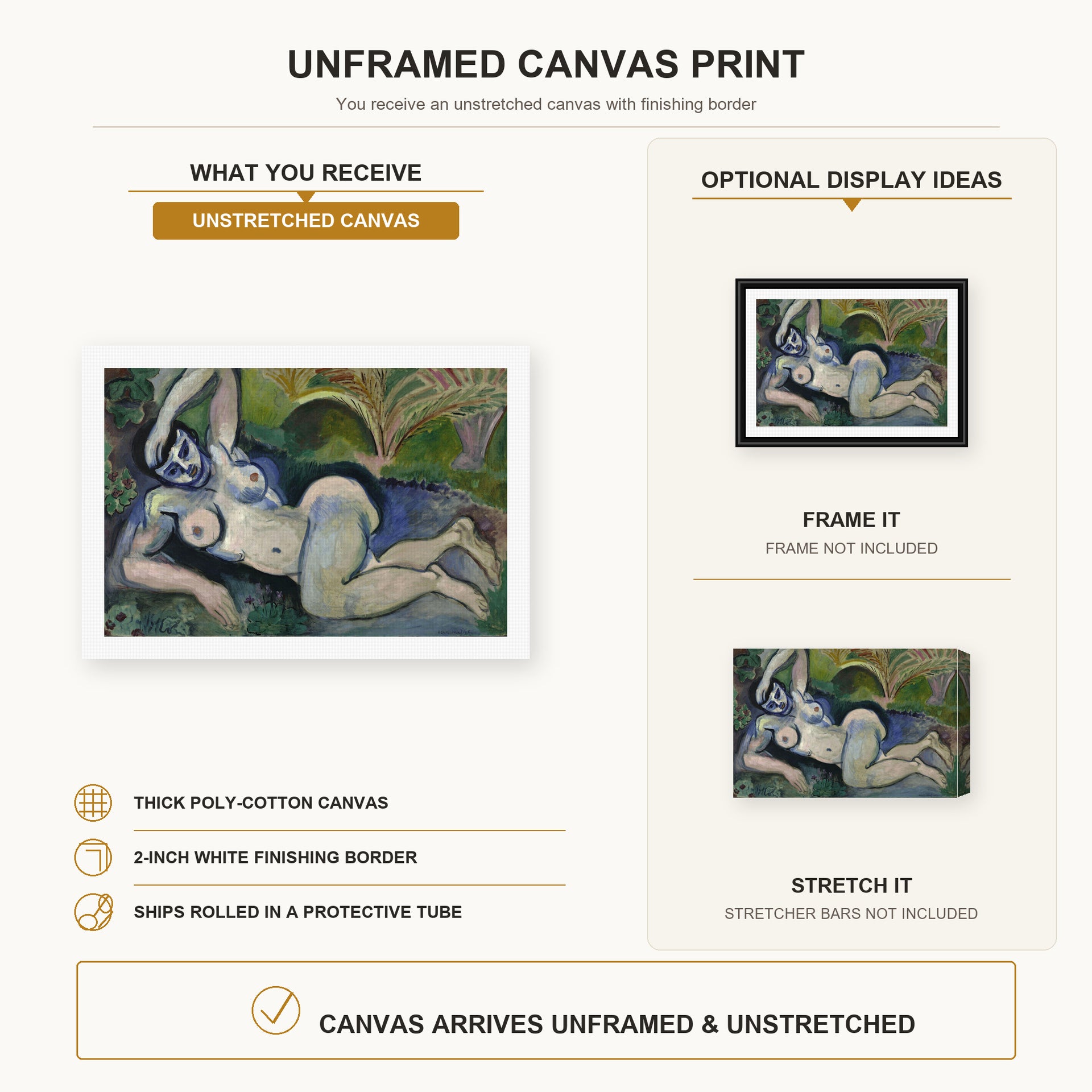 Henri Matisse - Blue Nude (Memory of Biskra) canvas print size comparison and framing display infographic