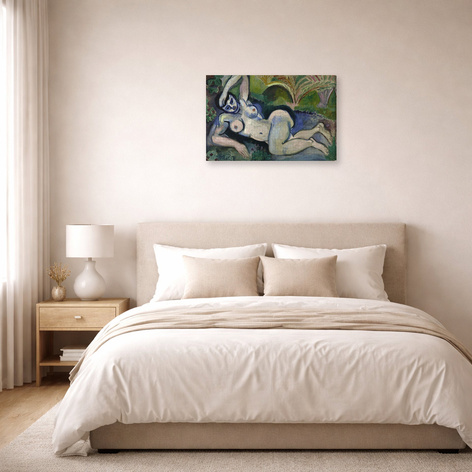 Gallery-wrapped canvas print of Henri Matisse's Blue Nude (Memory of Biskra) hanging above a bed in a bedroom