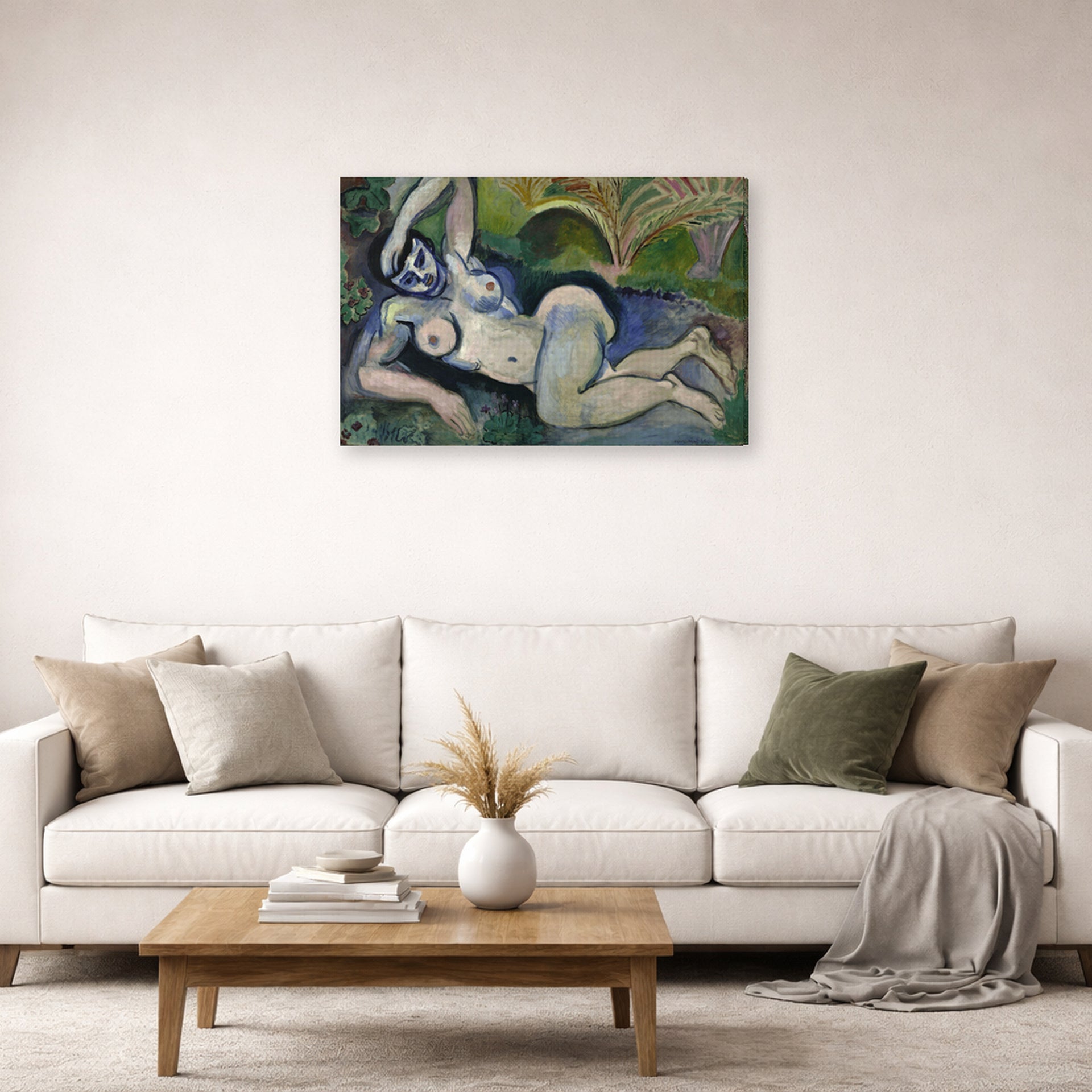 Gallery-wrapped canvas print of Henri Matisse's Blue Nude (Memory of Biskra) hanging in a living room, view 2