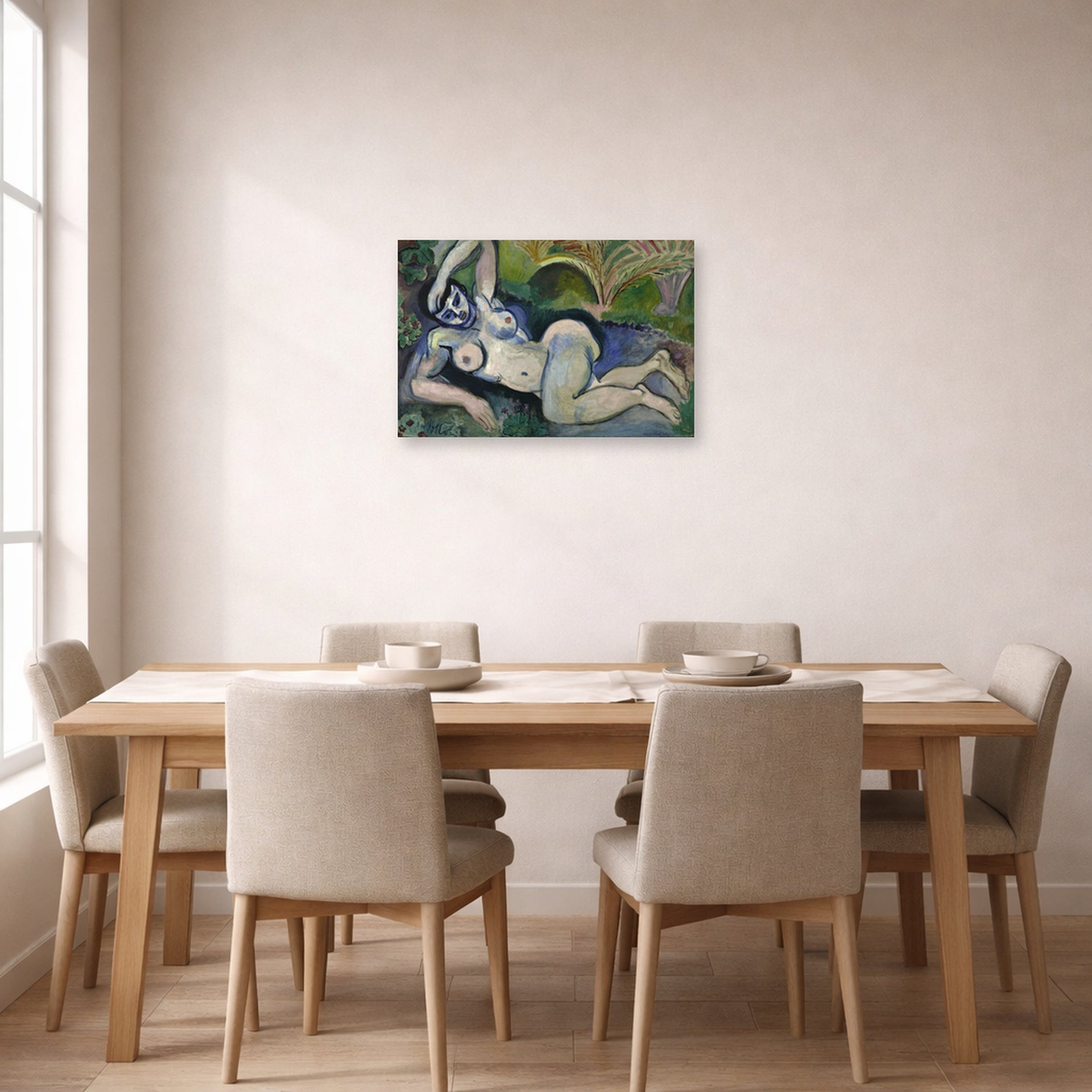 Unframed poster print of Henri Matisse's Blue Nude (Memory of Biskra) displayed on a dining room wall
