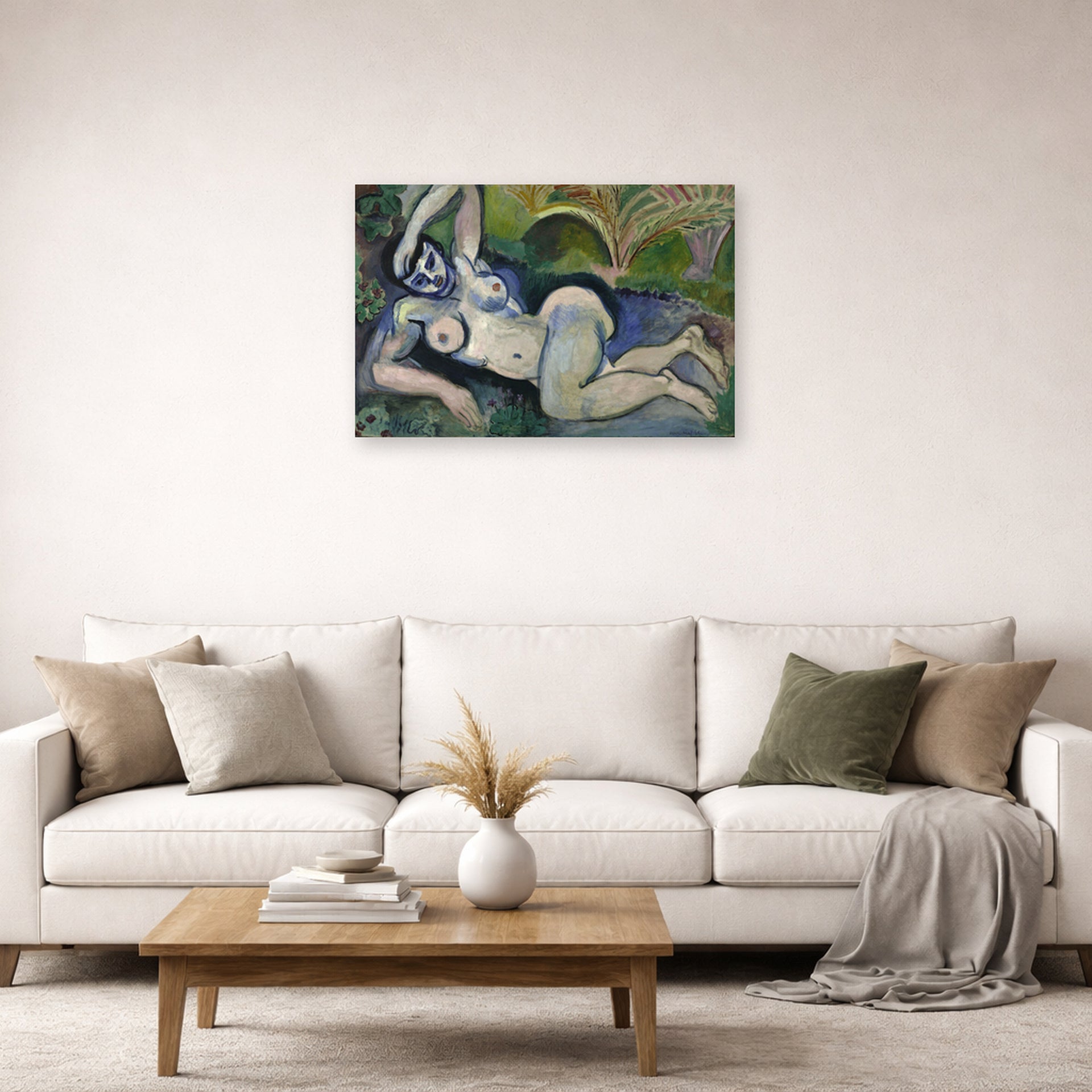 Unframed poster print of Henri Matisse's Blue Nude (Memory of Biskra) displayed in a living room, view 2