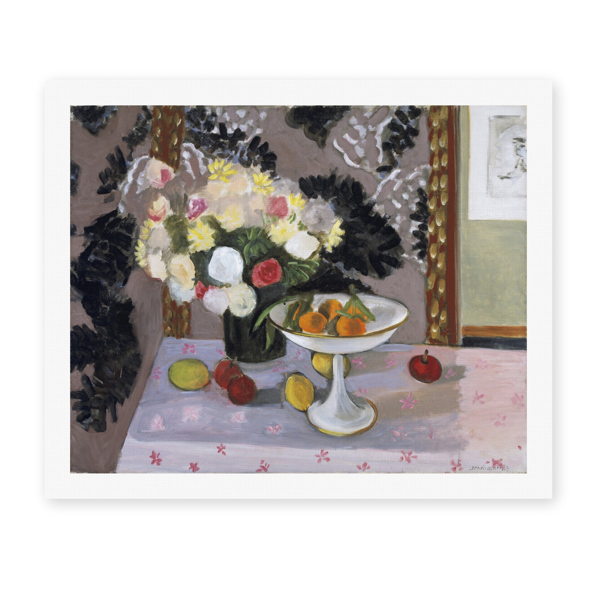 Henri Matisse's Bouquet and Compotier painting reproduced as a rolled canvas print