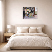 Gallery-wrapped canvas print of Henri Matisse's Bouquet and Compotier hanging above a bed in a bedroom