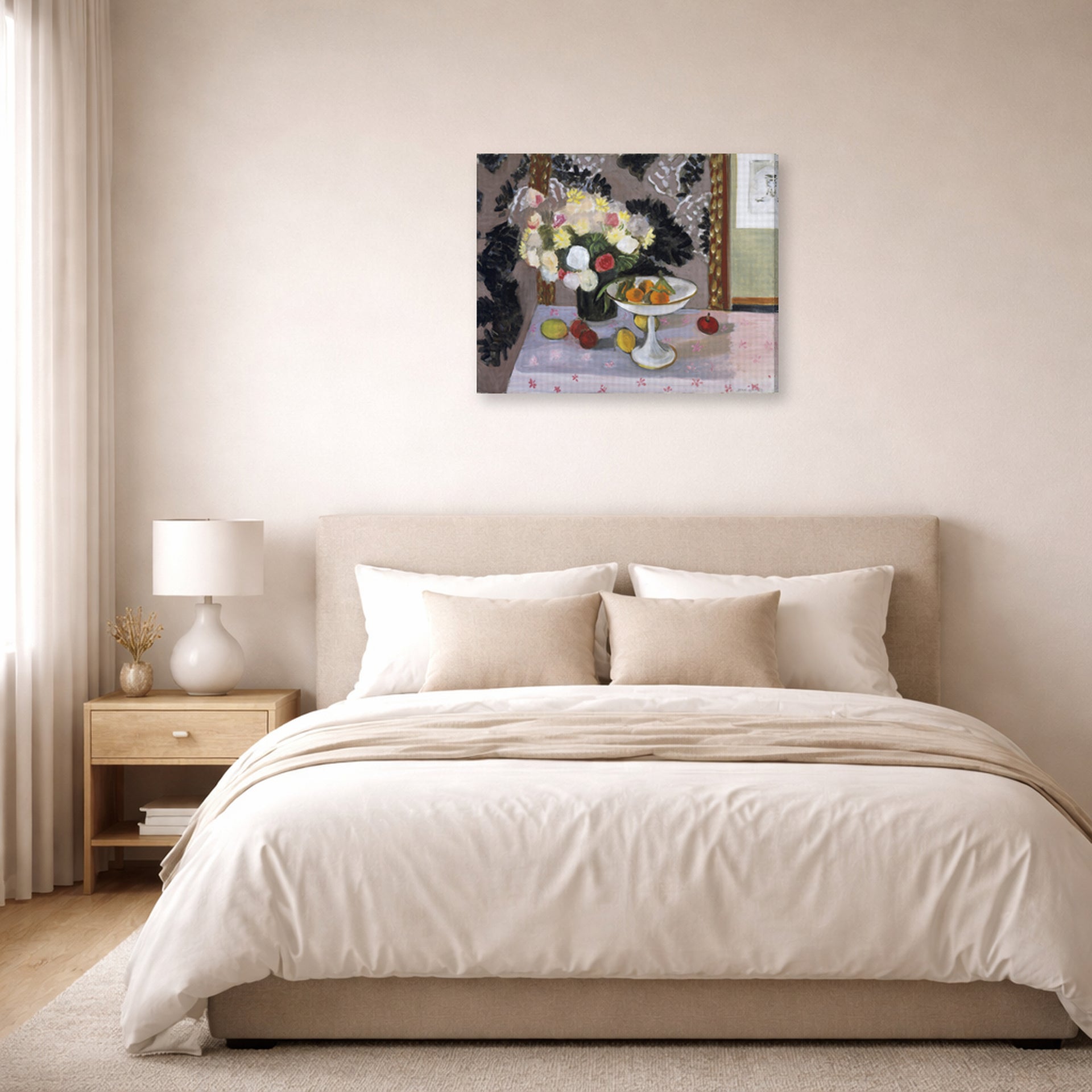 Gallery-wrapped canvas print of Henri Matisse's Bouquet and Compotier hanging above a bed in a bedroom
