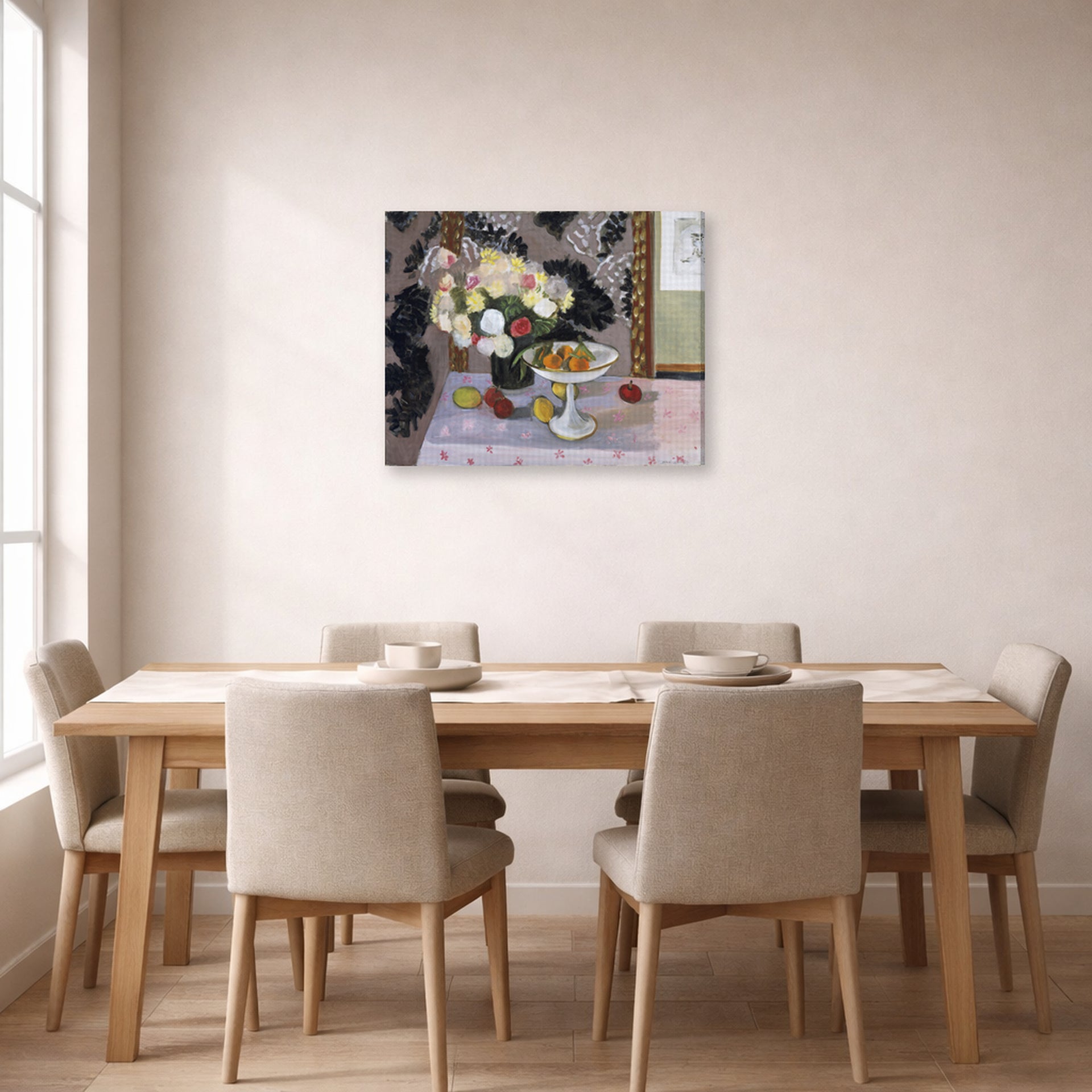 Gallery-wrapped canvas print of Henri Matisse's Bouquet and Compotier hanging on a dining room wall