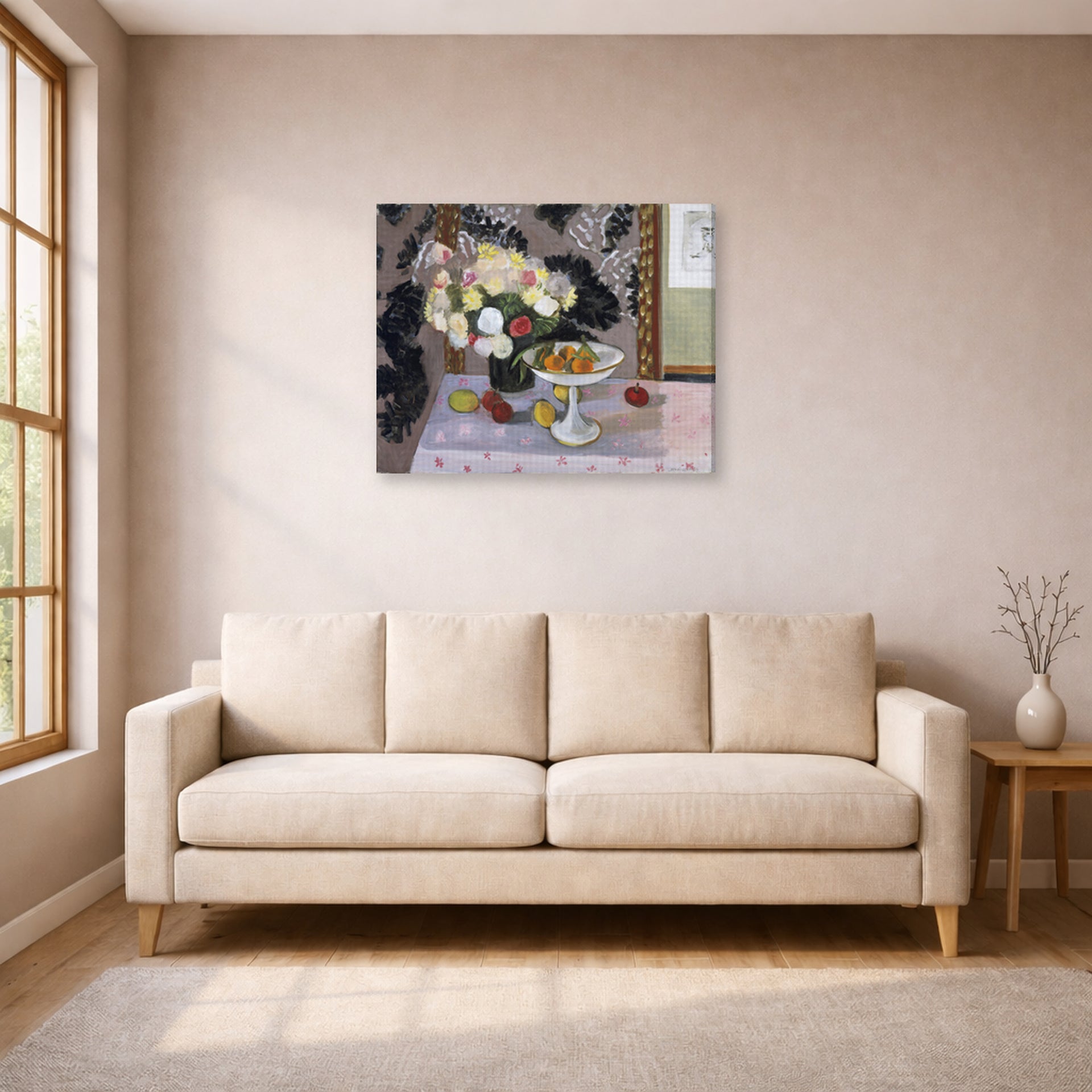 Gallery-wrapped canvas print of Henri Matisse's Bouquet and Compotier hanging in a living room, view 1
