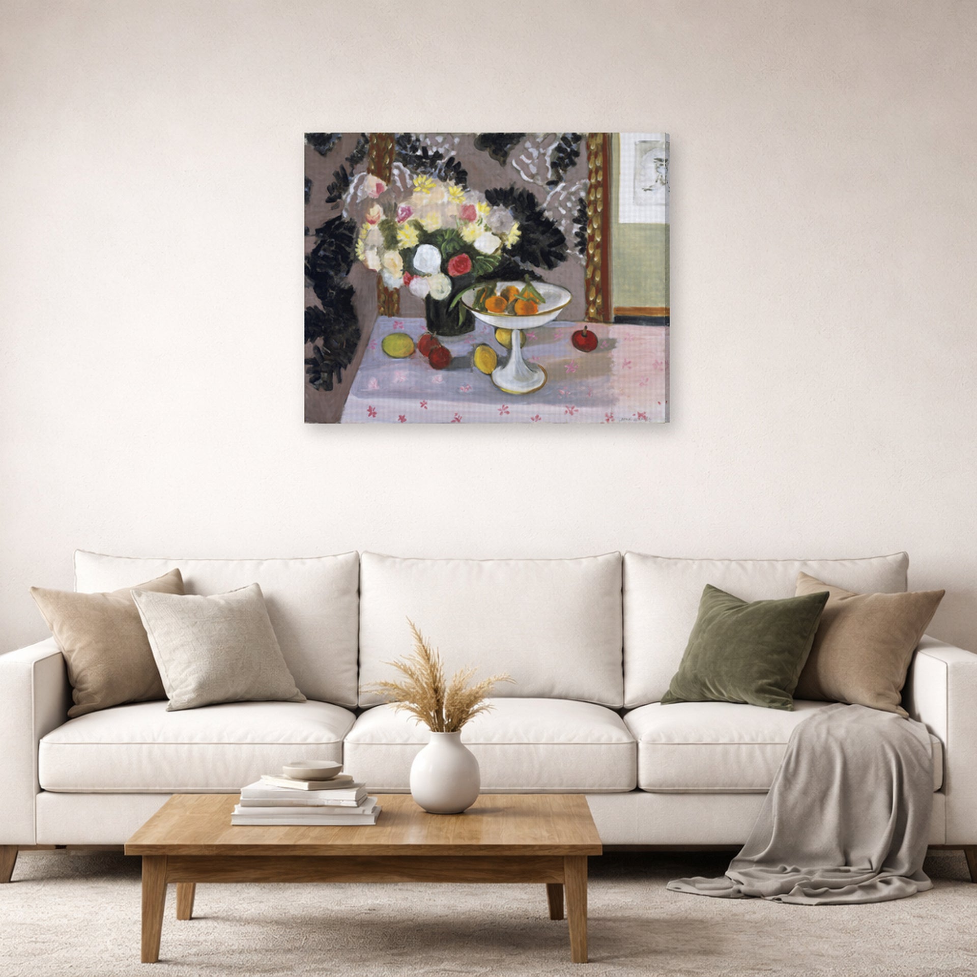 Gallery-wrapped canvas print of Henri Matisse's Bouquet and Compotier hanging in a living room, view 2