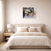 Unframed poster print of Henri Matisse's Bouquet and Compotier displayed above a bed in a bedroom