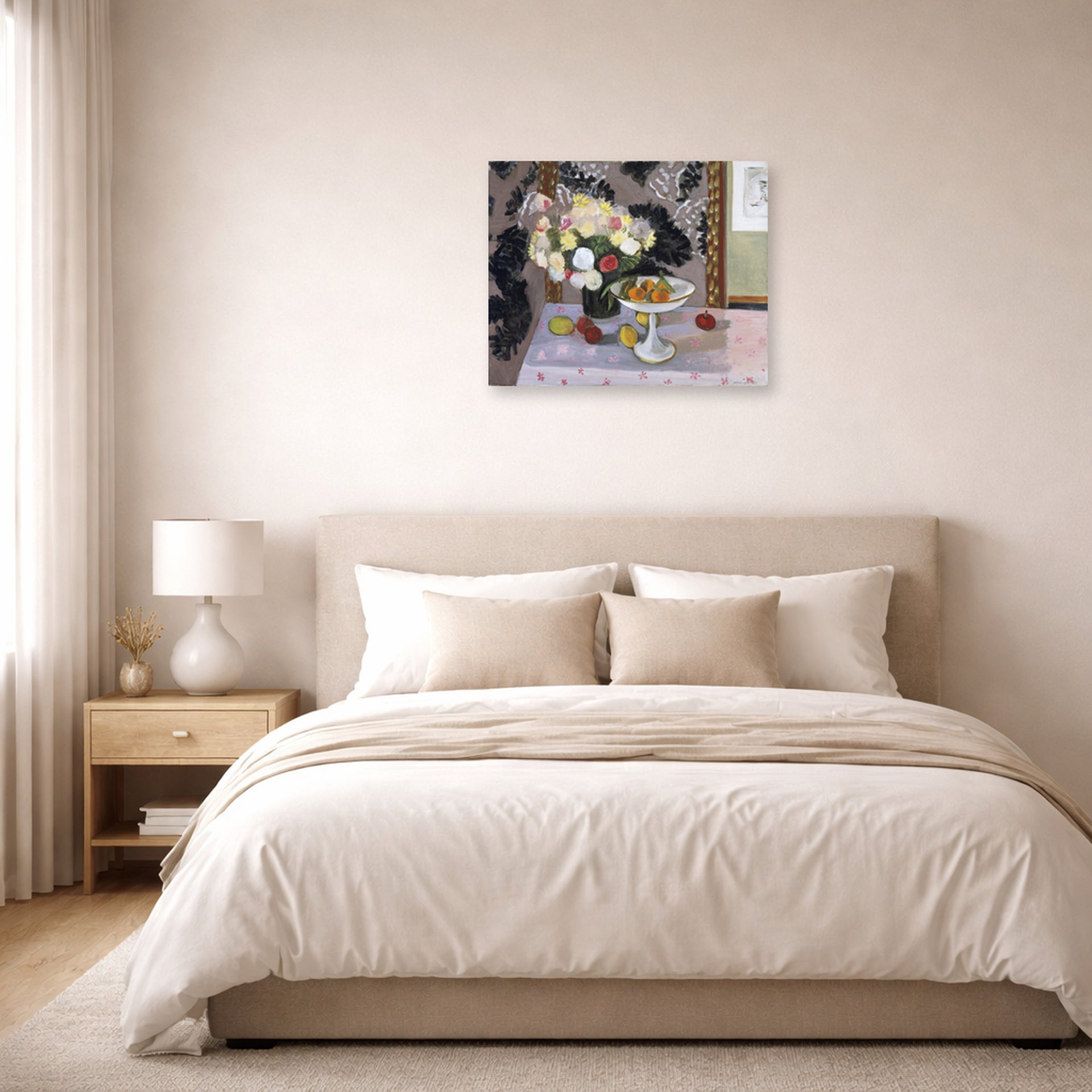 Unframed poster print of Henri Matisse's Bouquet and Compotier displayed above a bed in a bedroom