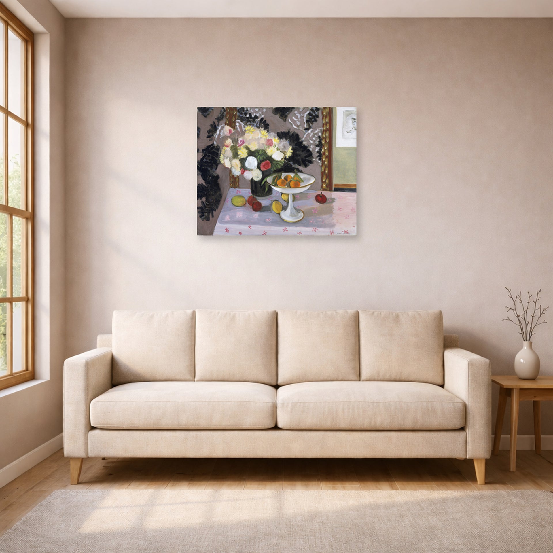 Unframed poster print of Henri Matisse's Bouquet and Compotier displayed in a living room, view 1