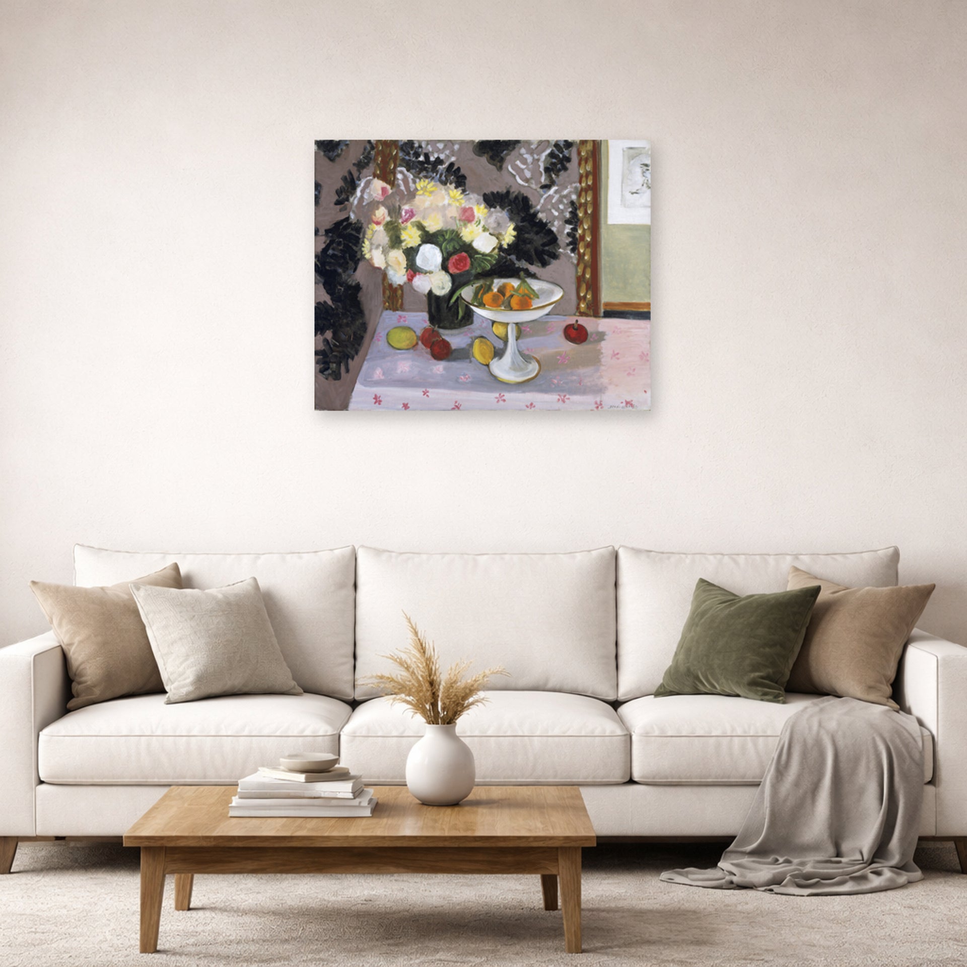 Unframed poster print of Henri Matisse's Bouquet and Compotier displayed in a living room, view 2