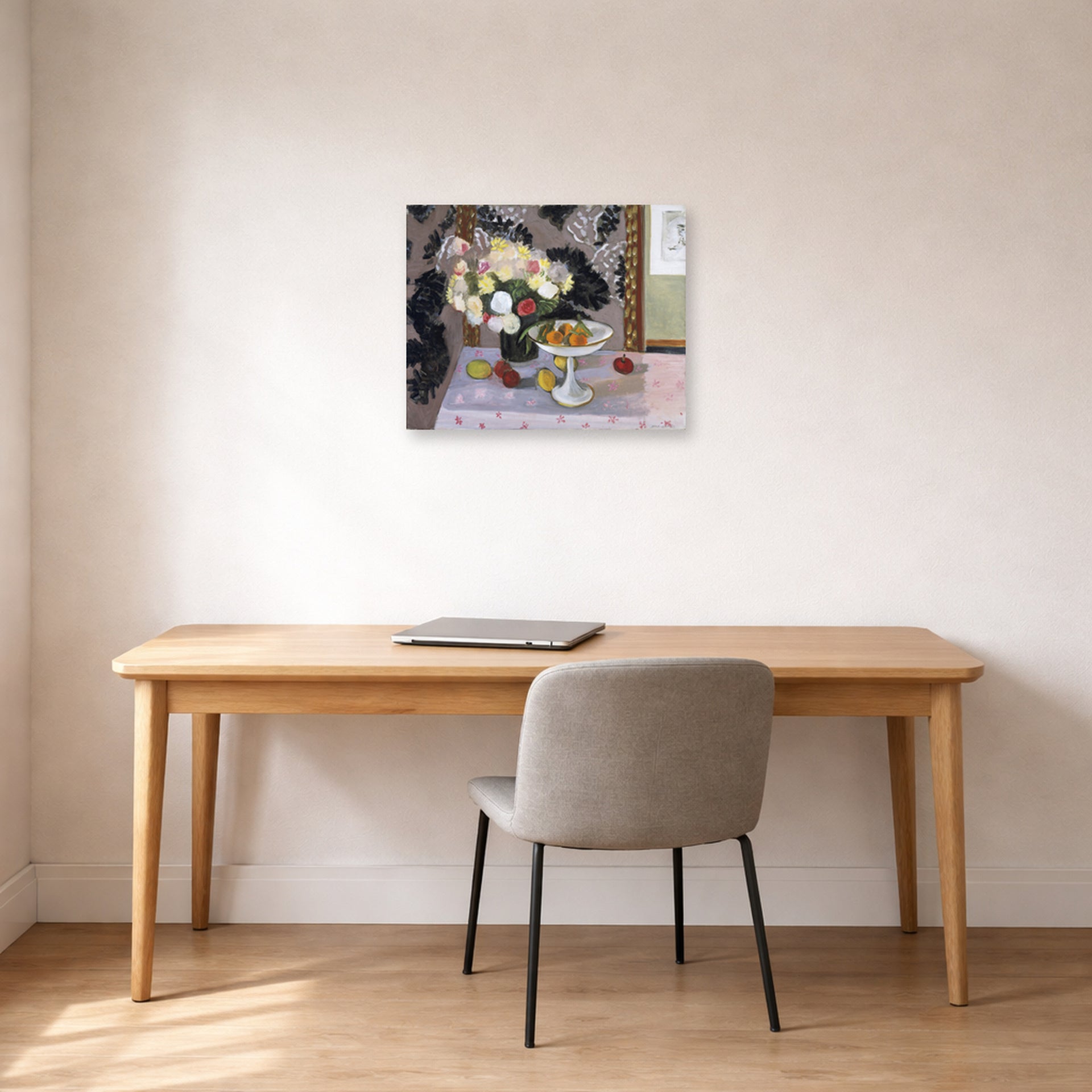 Unframed poster print of Henri Matisse's Bouquet and Compotier displayed in a home office
