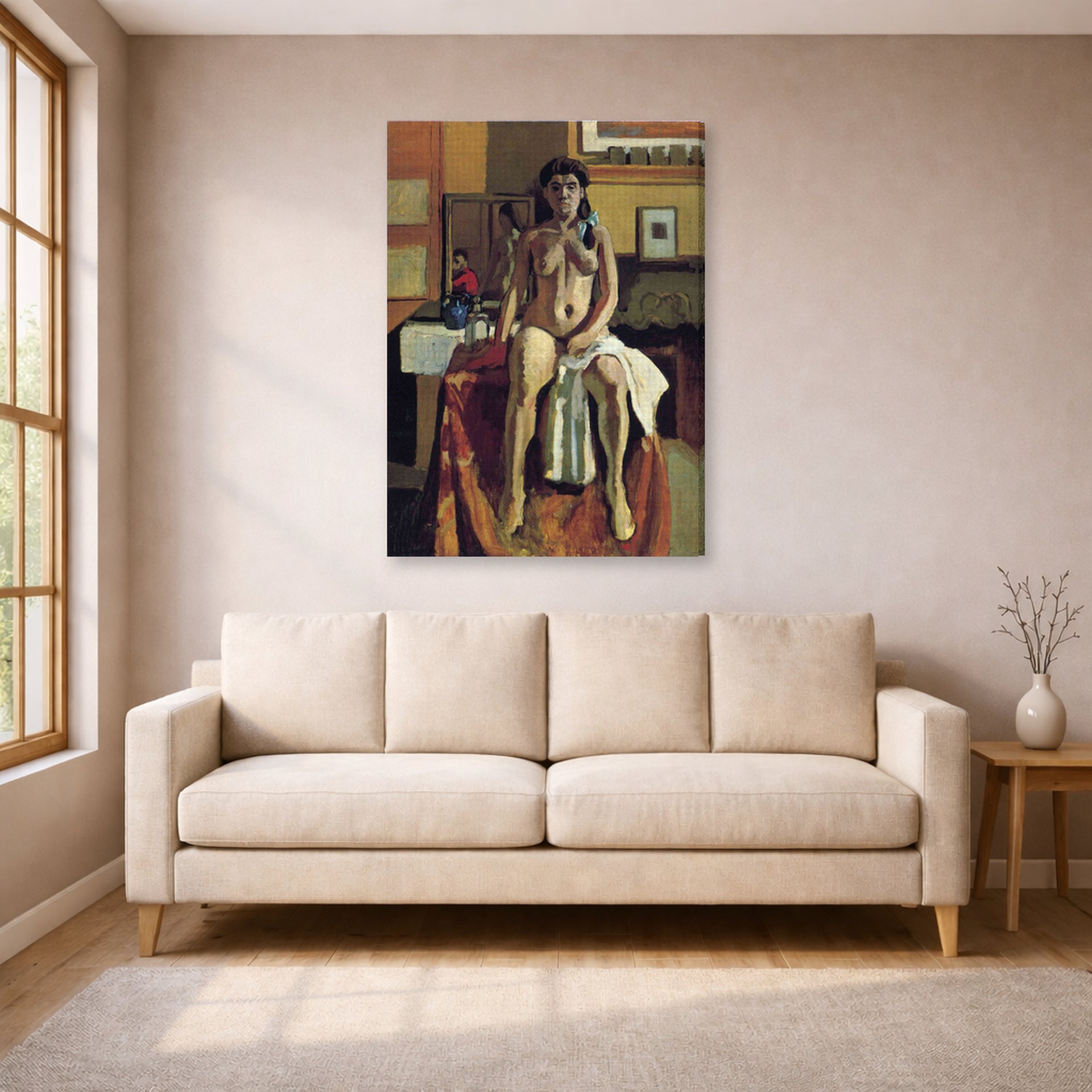 Gallery-wrapped canvas print of Henri Matisse's Carmelina hanging in a living room, view 1