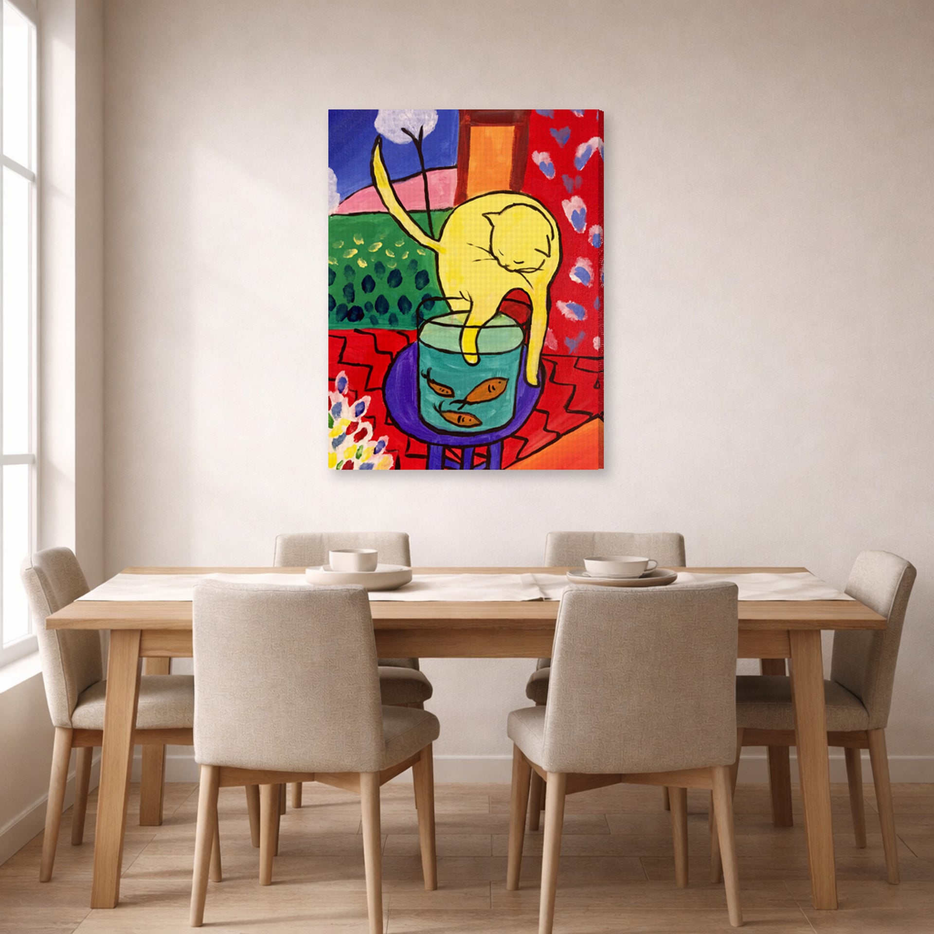 Gallery-wrapped canvas print of Henri Matisse's Chat Aux Poissons Rouges hanging on a dining room wall