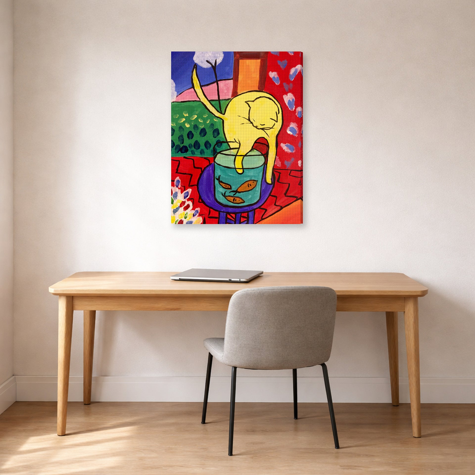 Gallery-wrapped canvas print of Henri Matisse's Chat Aux Poissons Rouges hanging in a home office