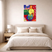 Unframed poster print of Henri Matisse's Chat Aux Poissons Rouges displayed above a bed in a bedroom