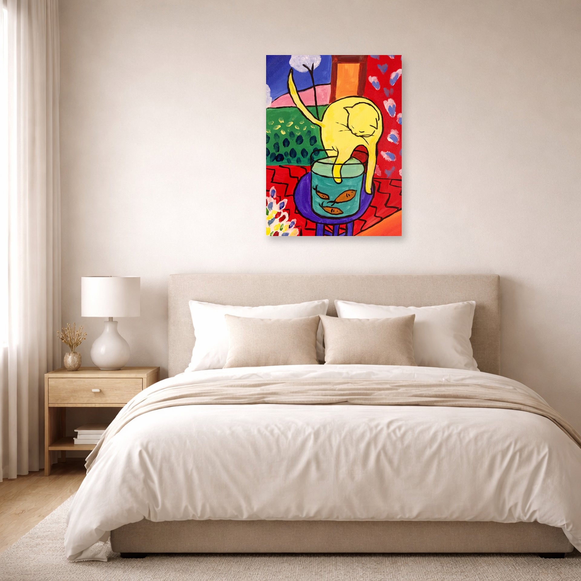 Unframed poster print of Henri Matisse's Chat Aux Poissons Rouges displayed above a bed in a bedroom