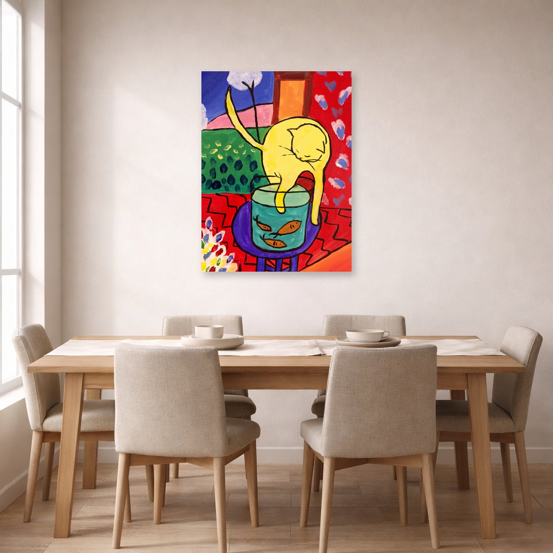 Unframed poster print of Henri Matisse's Chat Aux Poissons Rouges displayed on a dining room wall