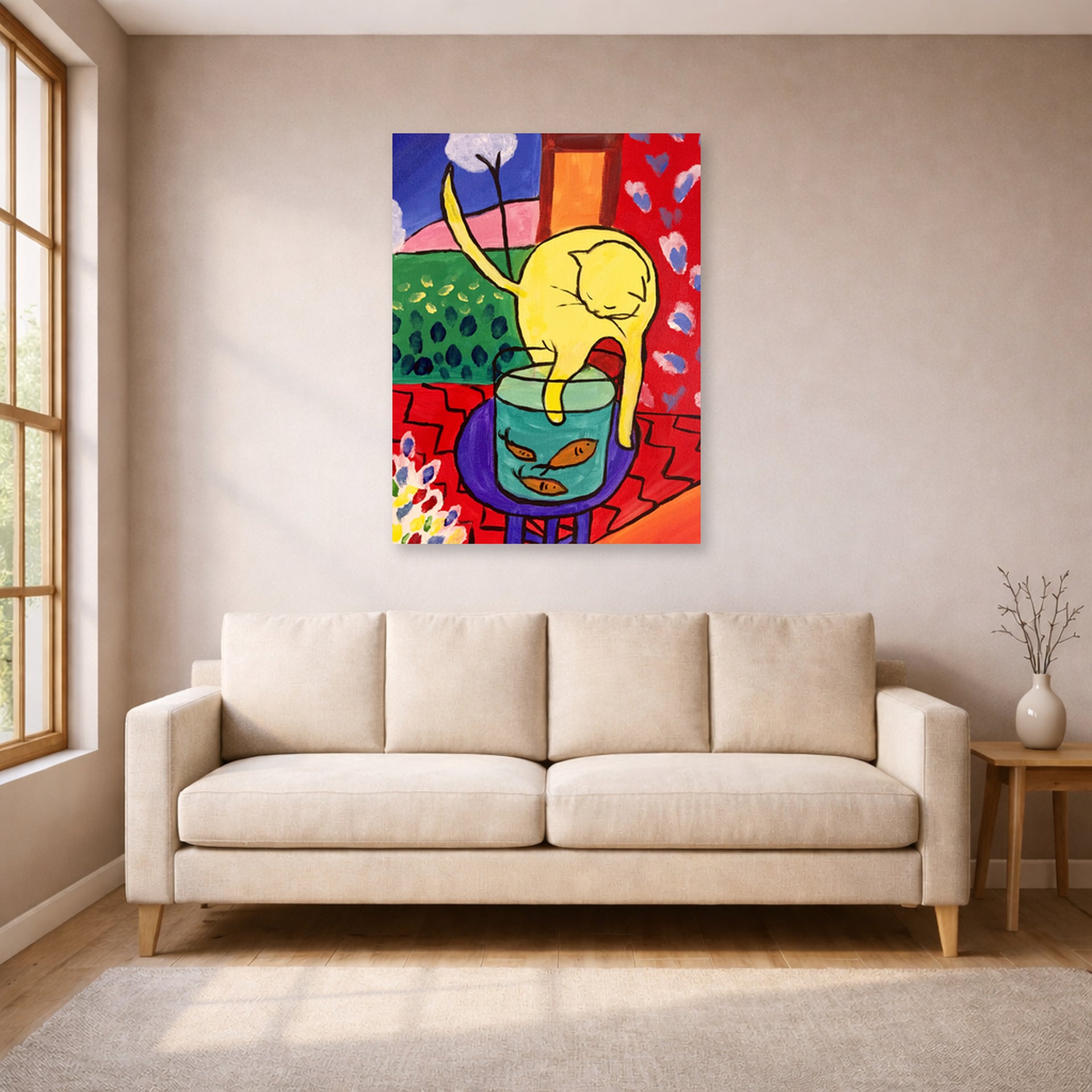 Unframed poster print of Henri Matisse's Chat Aux Poissons Rouges displayed in a living room, view 1