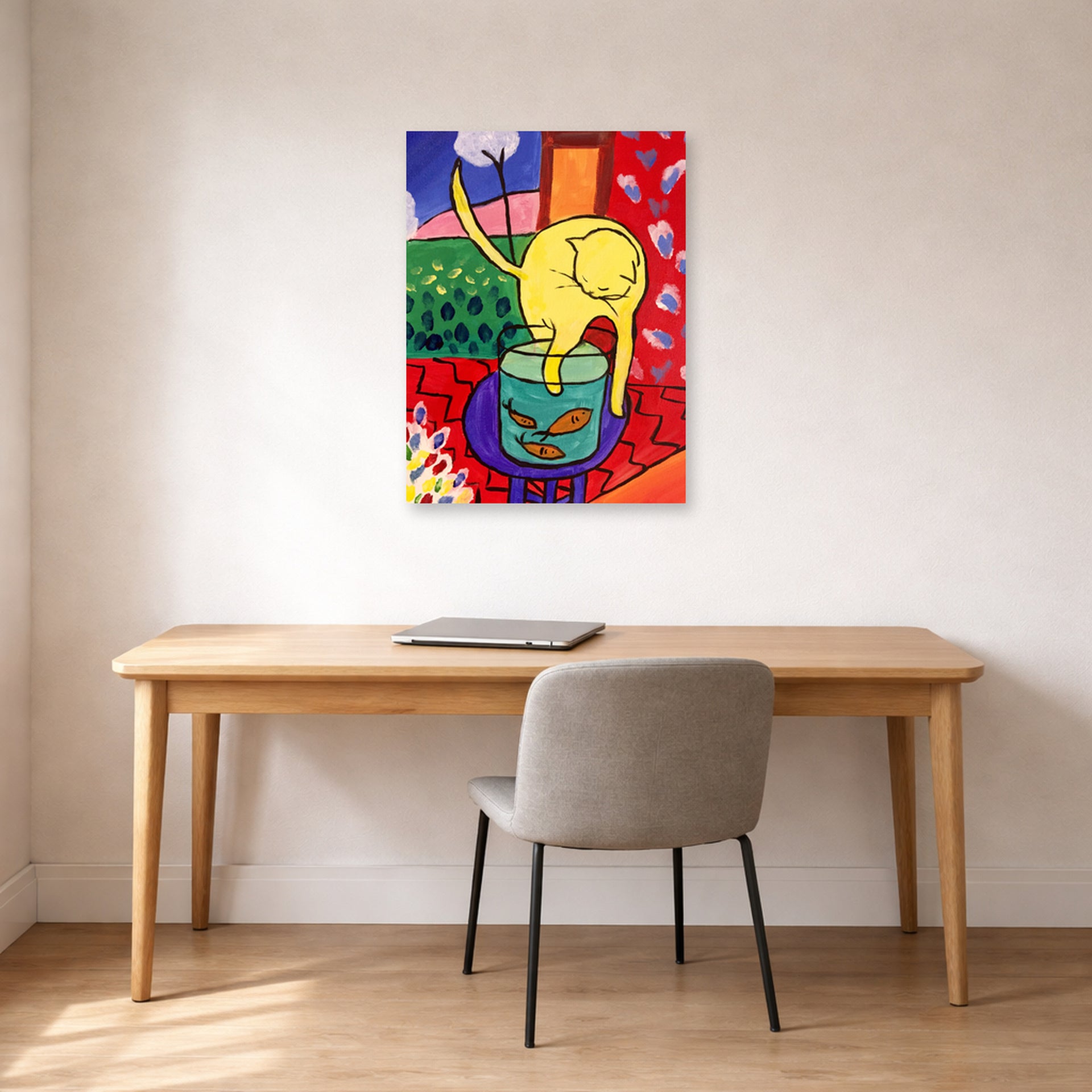 Unframed poster print of Henri Matisse's Chat Aux Poissons Rouges displayed in a home office