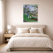 Gallery-wrapped canvas print of Henri Matisse's Conversation Under the Olive Trees hanging above a bed in a bedroom
