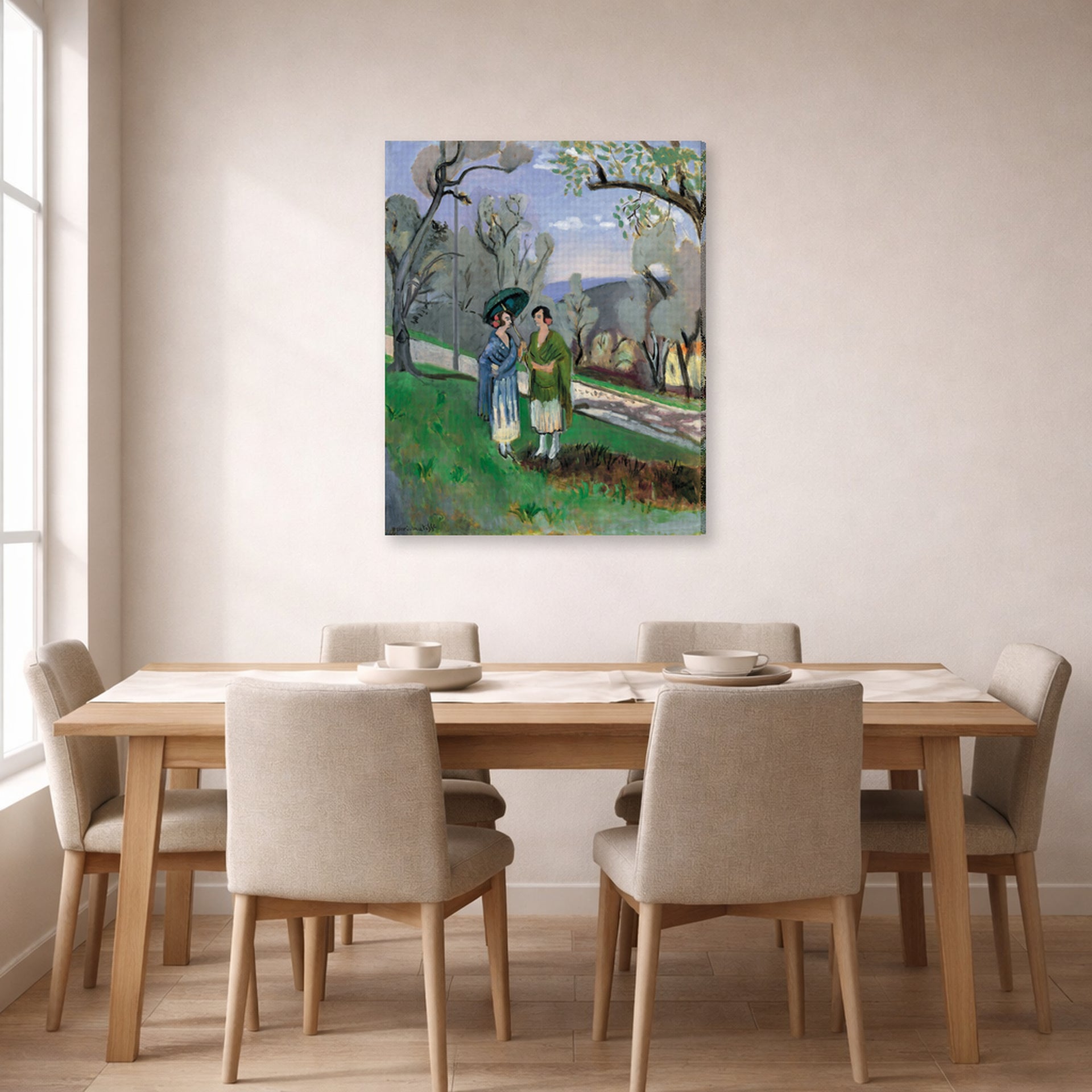 Gallery-wrapped canvas print of Henri Matisse's Conversation Under the Olive Trees hanging on a dining room wall